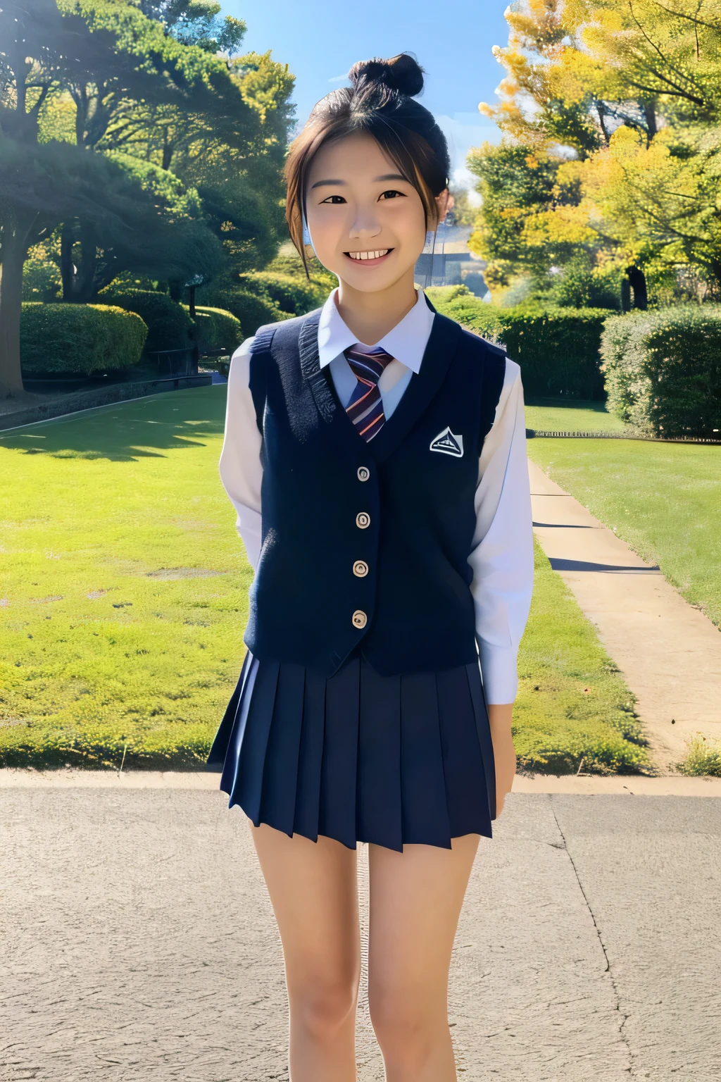 ((masterpiece)), japanese, (a girl), (18 years old), (((school uniform))), smiling, a park, dark blue knit vest, thighs, (view from front), sunshine, 