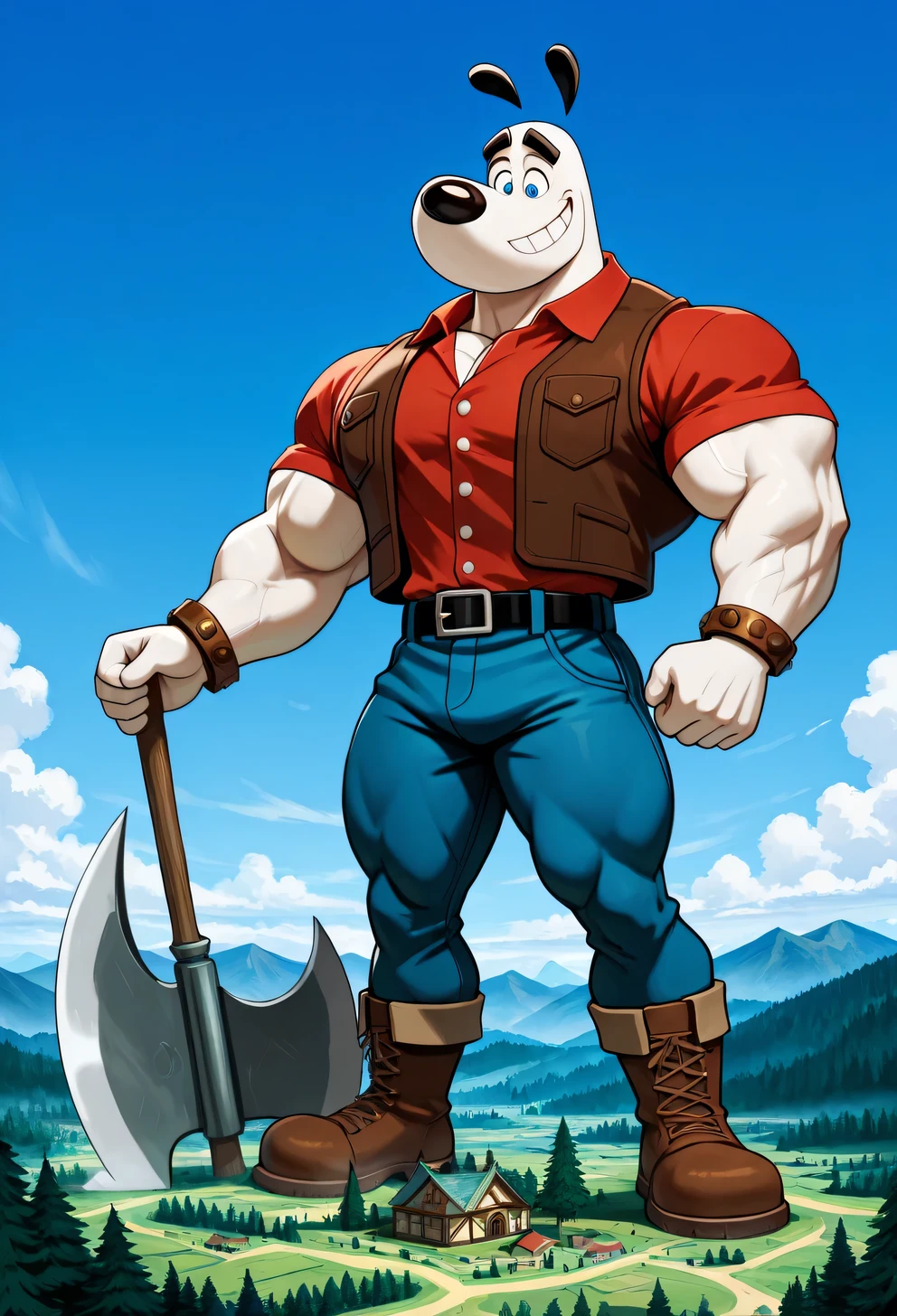 Giant muscular lumberjack paul bunyan dudley puppy (T.U.F.F Puppy), white dog, cartoon 2d style, giant, macro size, full body, muscular body, village and forest background, Masterpiece, best quality, high quality, detailed, Dudley Puppy, male, solo male, 1boy, broad shoulders, mature male, blue eyes, athletic build, muscular male, black ears, black eyebrows, animal ears, white body, big eyebrows, red shirt, brown vest, round snout, full body, blue pants, black belt, brown bracelets, big feets, big brown boots, outdoors, looking down, smiling, macro size, giant, blue sky background, holding a big large axe village and forest background, mountains behind, fairytale fantasy scene, saturaded colors, 50 foot size, giant lumberjack dog.