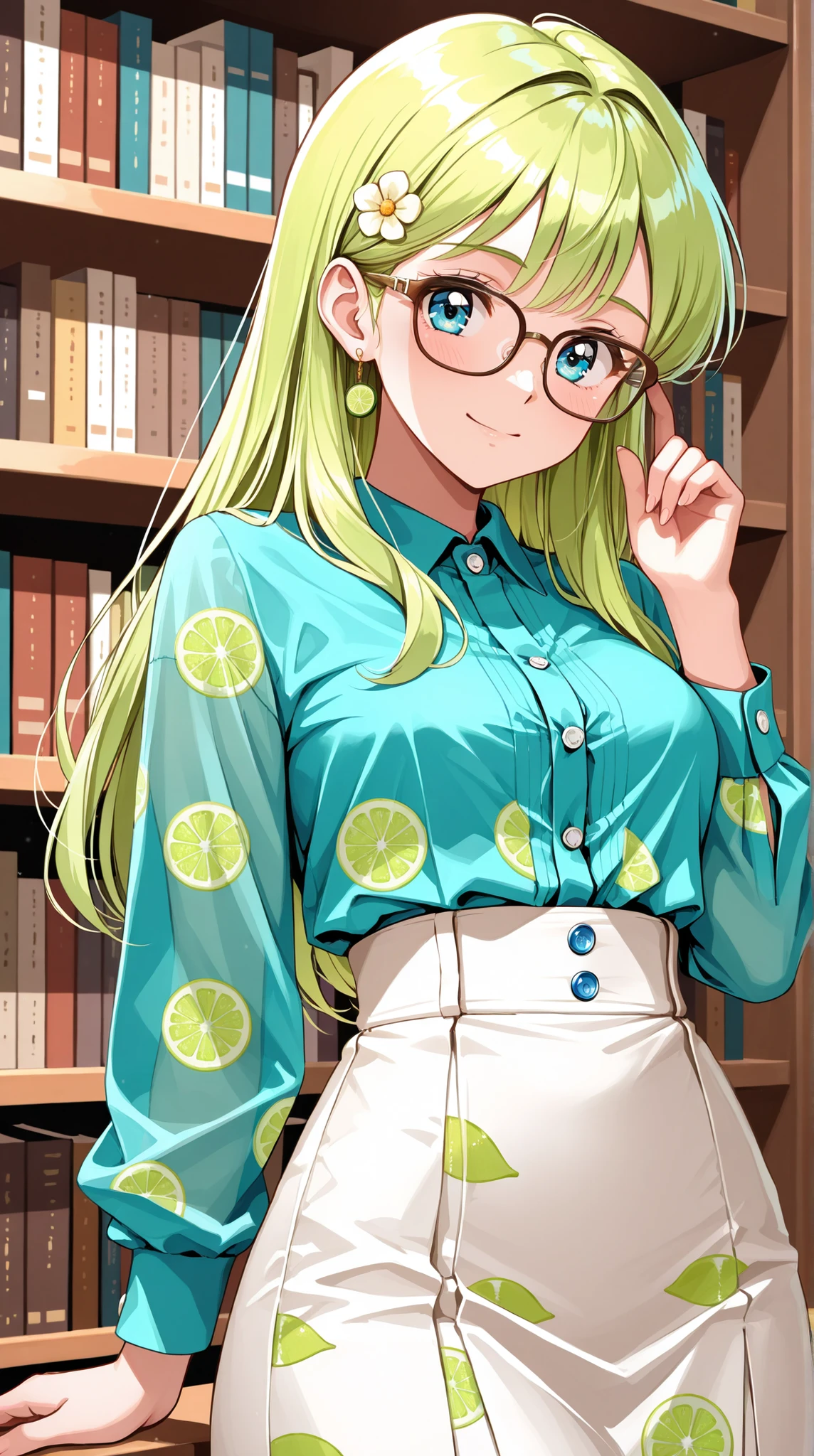 a top influencer woman, cute and intelligent, retro 60's style, fair skin, long green hair with flower clips, glasses, (blue button up crop top transparent lime print sleeves), (white high waist button up skirt), Library background,masterpiece, best quality,absurdres