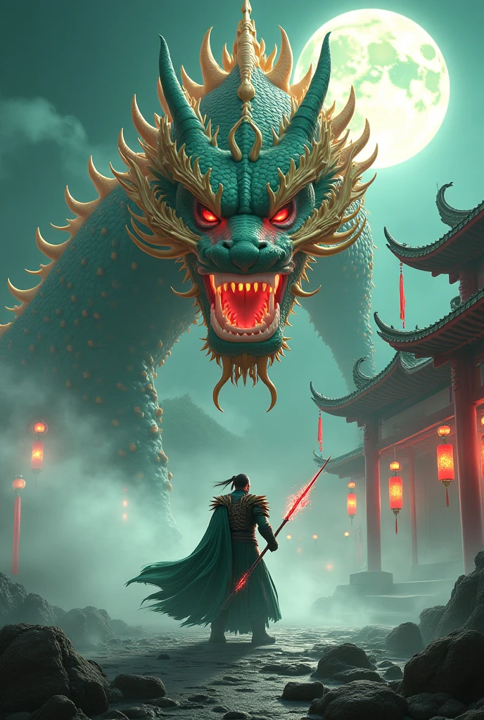 Ancient China, Temple, (Mysterious Black Mist), Journey to the West, Judge, Elder, Glazed Tiles, Buddha Statues, Lanterns, Absurdity, Realistic Lighting, (Abyss) Masterpiece, High Quality, Exquisite Graphics, High Detail, Undersea, Water Prison, Male, Snake Spirit  