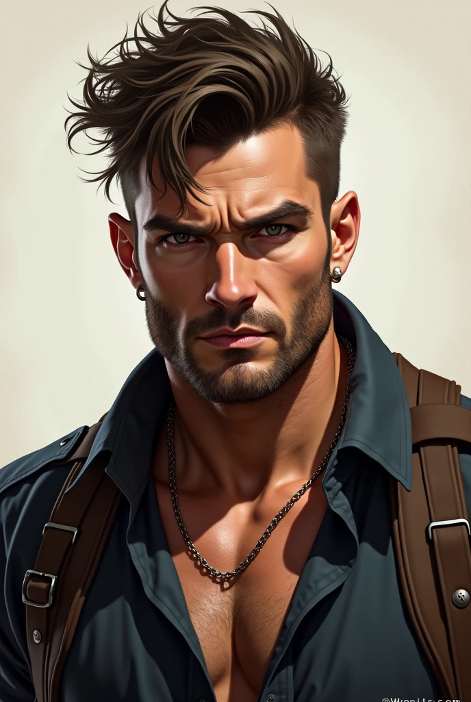 bottom, fancy, Fantastic, fancy, adventure, hope, magic, fitness body , mntwnwr traits , steampunk style and medieval fantasy, wears swim trunks  , generate well-defined hands and fingers,  eyes and hair equally defined 
