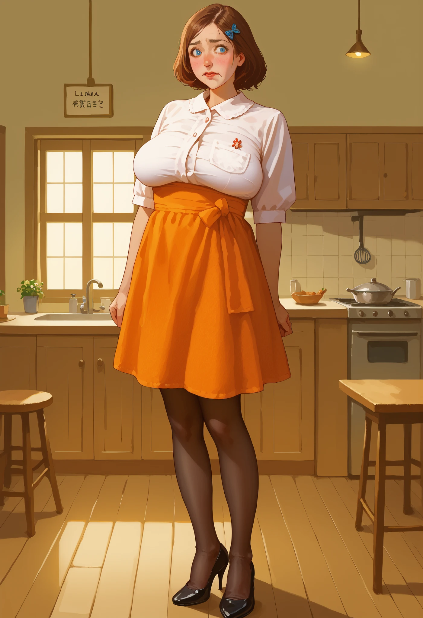 score_9, score_8_up, score_7_up, source_anime,1girl, from the side, (covered belly:1.2) (fat and nervous) standing covering herself, , , skindentation , lize1st, , ,), dark sky, inside a farmhouse kitchen,, volumetric and specular lighting, ((large sagging breasts)) ((art by norman rockwell)) ((Safe for work)) ((dynamic angle)) ((realistic anime)), (rule of thirds), detailed anatomy, (skindentation), (weight conscious), silk nightie, leg garters, pantyhose, high heels (())((Phyllis Ginger)), flickr, op art, ((susan hayward, linda wilder, sigourney weaver, judy garland))