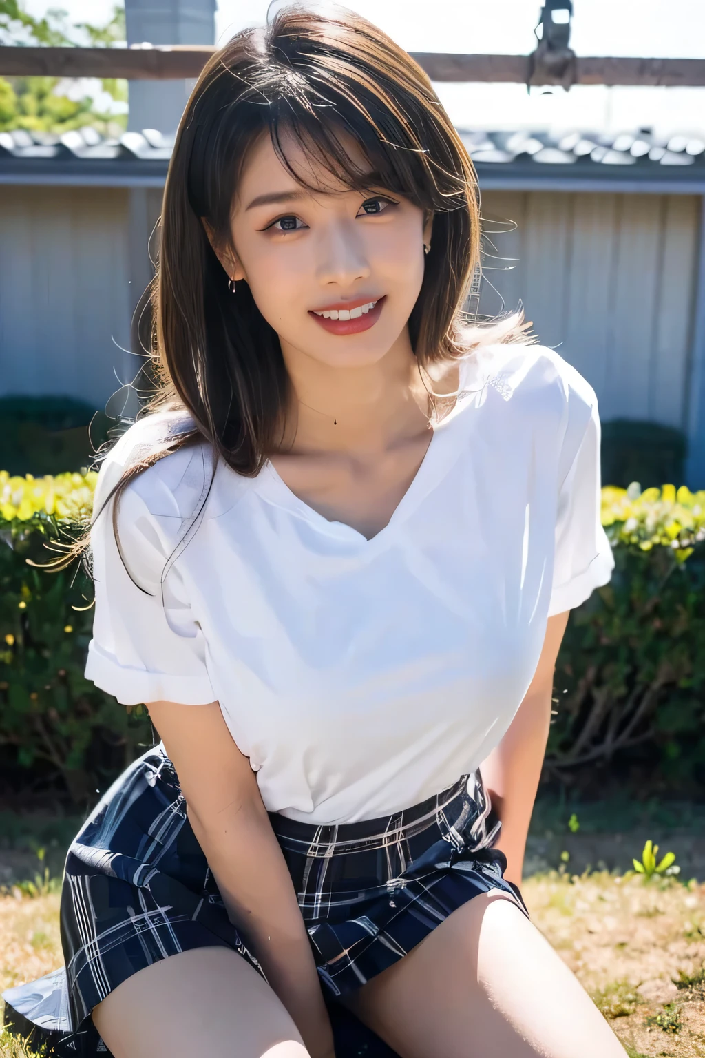 8K,masterpiece,Japanese,,from the front,smile,cute,Innocent face,Innocent,Kind eyes,Childish,(Plain T-shirt,Short sleeve,Blue checked short skirt),semi-long,Hair blowing in the wind,Black Hair,Somewhat strong wind,noon,bright,Sitting、M-shaped feet, (Large Breasts:1.2),(Emphasize the chest:1.2)