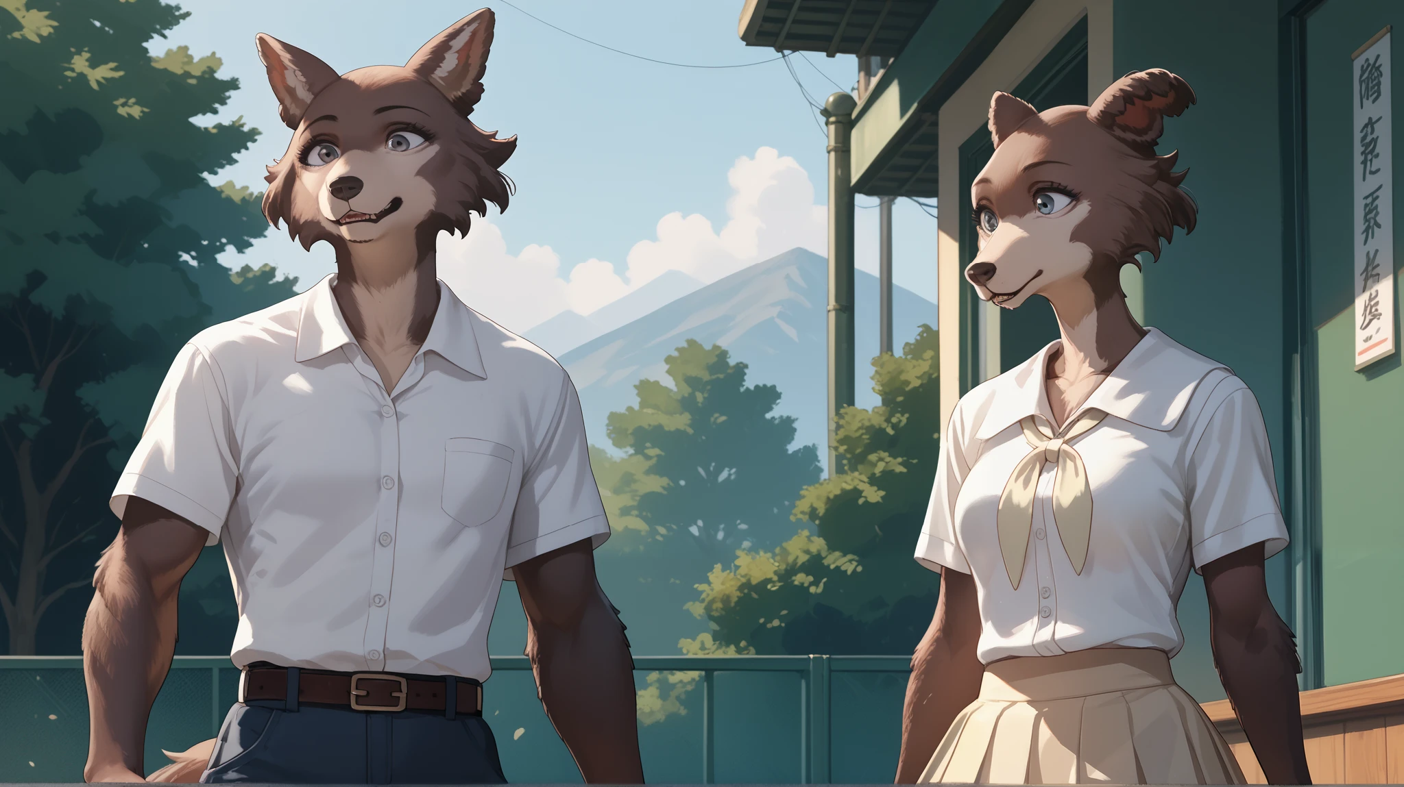  eastnik_fluffy, Detailed, japanese school, Anthropomorphic female magpie, Anthropomorphic male Wolf, brown fur, thin, skirt,  shirt, pijak, pants, 2 characters boy and girl