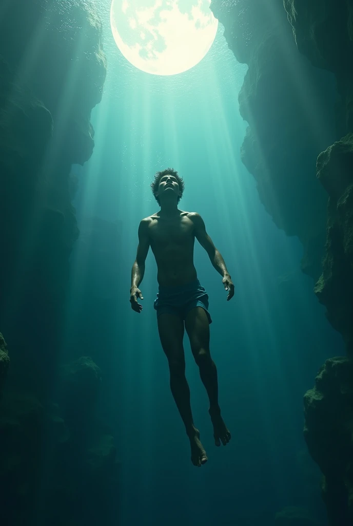 A man drowning from far under sea pic
