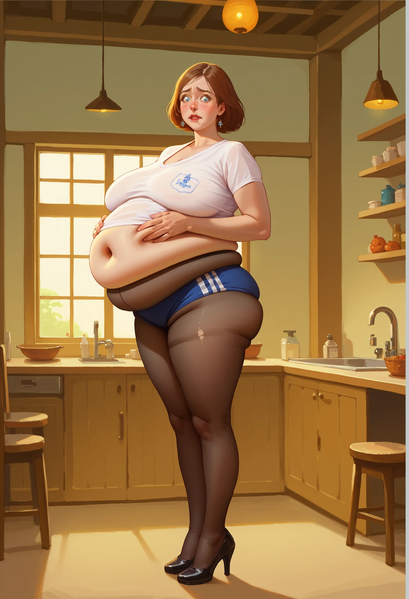 score_9, score_8_up, score_7_up, source_anime,1girl, from the side, (covered belly:1.2) (fat and nervous) standing covering herself, , , skindentation , lize1st, , ,), dark sky, inside a farmhouse kitchen,, volumetric and specular lighting, ((large sagging breasts)) ((art by norman rockwell)) ((Safe for work)) ((dynamic angle)) ((realistic anime)), (rule of thirds), detailed anatomy, (skindentation), (weight conscious), silk nightie, leg garters, pantyhose, high heels (())((Phyllis Ginger)), flickr, op art, ((susan hayward, linda wilder, sigourney weaver, judy garland)) big belly, (Balloon Body:1.1), (body inflation)