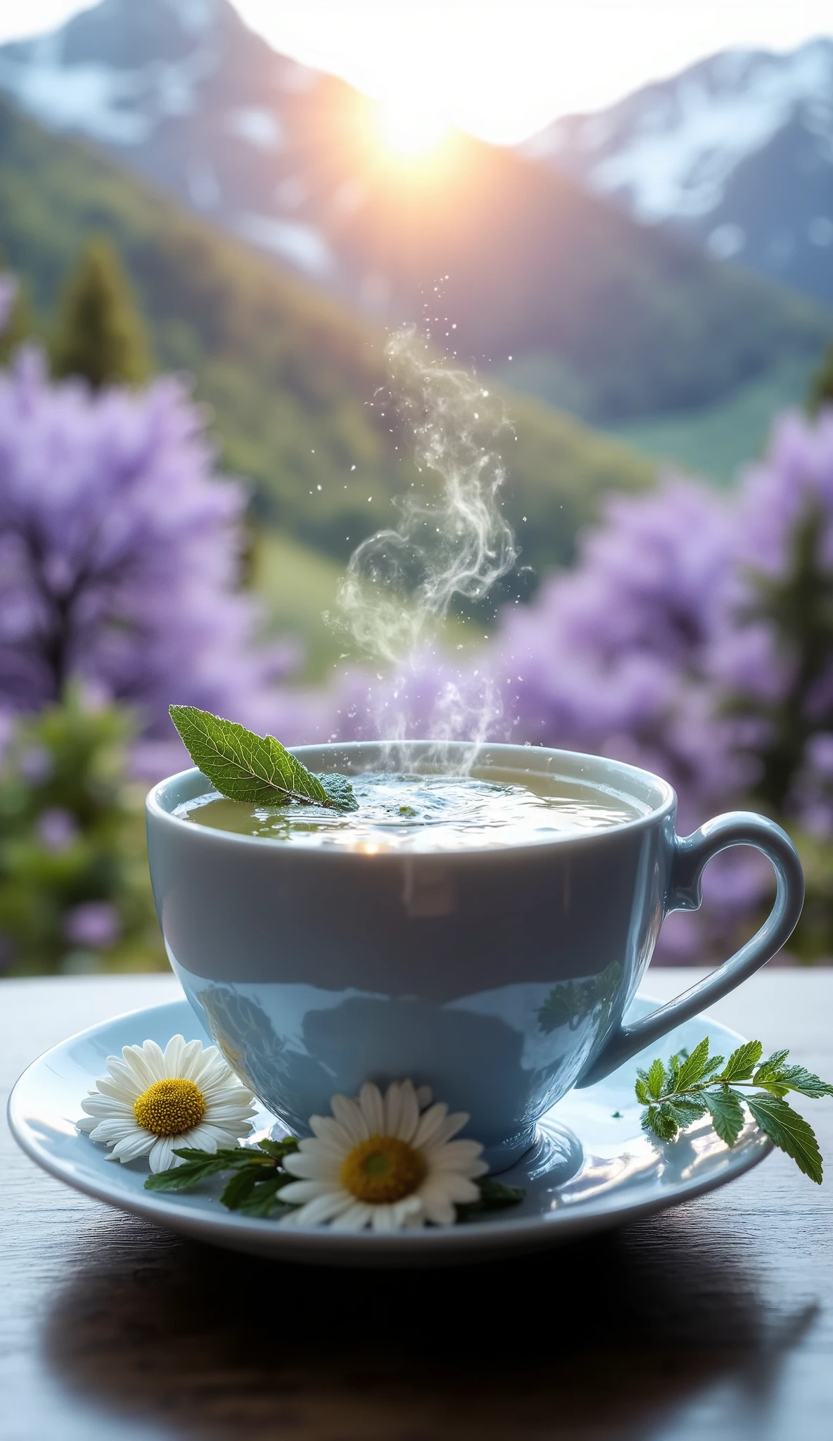 A cup of hot tea in a warm and relaxing environment. The tea has a soft, slightly bluish or greenish color, transmits calm and serenity. Fresh herbal leaves such as chamomile, lemon balm and lavender adorn the cup and saucer. The background is blurred , with soft shades of blue and lilac , evoking tranquility and relaxation. soft and cozy lighting, with a light effect of steam rising from the cup. The design must convey well-being , Peace and comfort.