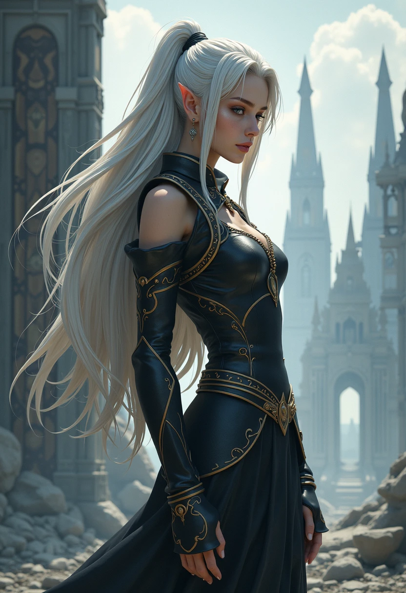 realistic frozen elsa, full body:1.6, walking pose, slow motion, (rogue thief:1.2) woman, multi-layered stitched,(dark-gold armor, many detail on armor), (intricately patterned cloth:1.2), (insanely detailed, flowering:1.5), (top quality, Alessandro Casagrande, Greg Rutkowski, Sally Mann, concept art, 4k), (analog:1.2), (high sharpness), (detailed pupils:1.1), (painting:1.1), (digital painting:1.1), detailed face, eyes and body, masterpiece, best quality, (highly detailed photo:1.1), 8k, photorealistic, (long curvy hair, ecstasy:1.1), (young woman:1.1), by jeremy mann, by sandra chevrier, by maciej kuciara, sharp, (perfect body:1.1), realistic, real shadow, 3d, (europe castle background:1.2), (by Michelangelo), angel of death, innocent, eyes, diadem, angel wings, black clothes, full body, arms behind back, sky, halo, post-apocalypse,