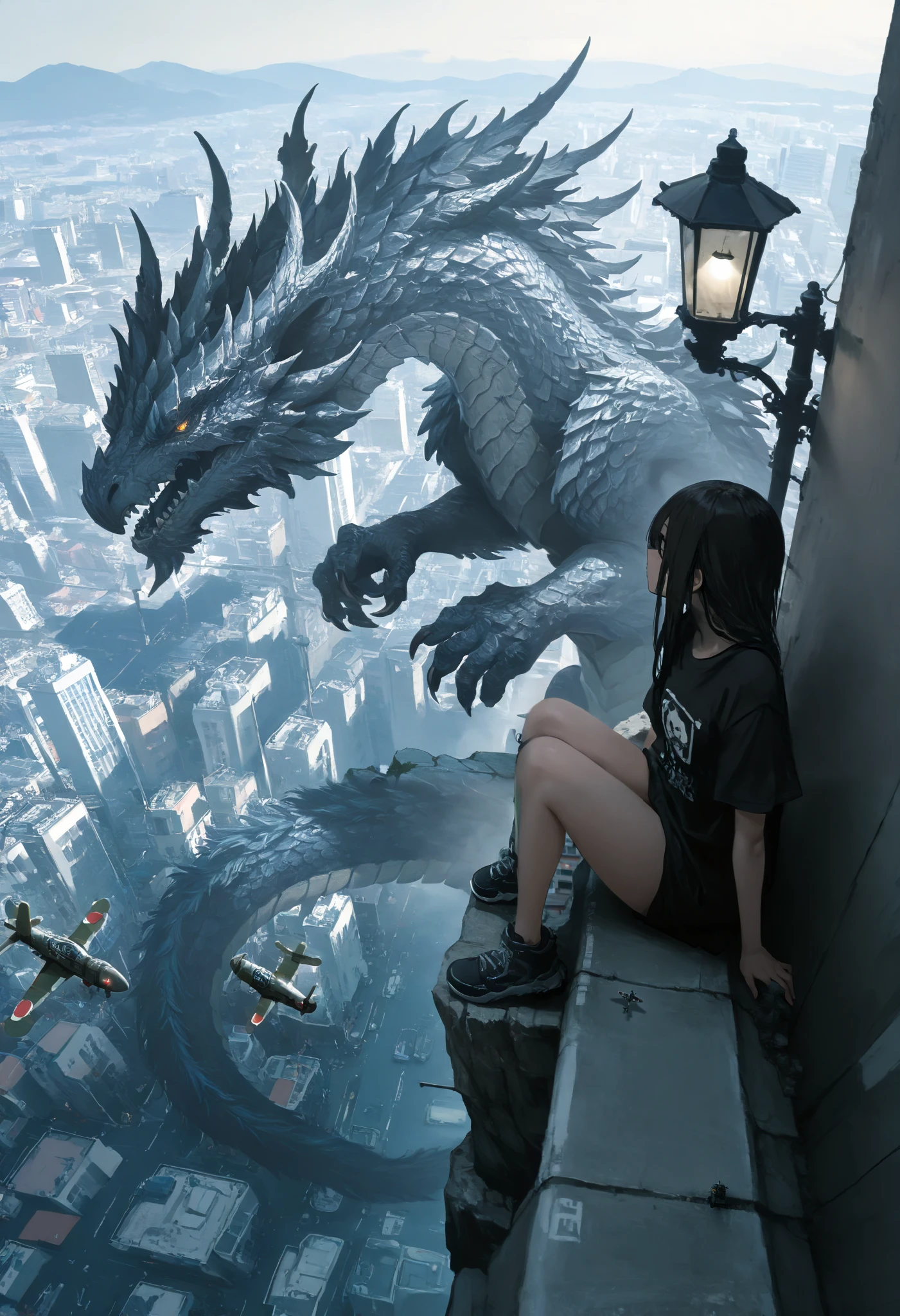 a girl,with legs hanging ,sitting on a ledge,height,Japanese city, street lamp ,((montruo Flight en el cielo)),giant monster,Dragon gigante,alas,Scales,(Flight),masterpiece, t-shirt, newest ,absurdres, highres,far away view ,detailed background