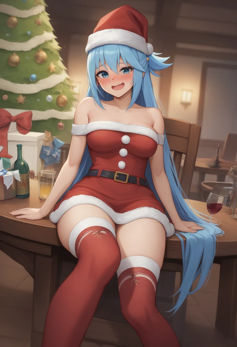 (Masterpiece) (High Detail) (High Res) A short ite humanoid girl with pale human skin and blue eyes and long blue hair and blue dog ears and a big fluffy dog tail and small average breasts. She is wearing a Red Santa Hat and is wrapped up Red Christmas Ribbons. She is straddling a Giant Candy Cane.