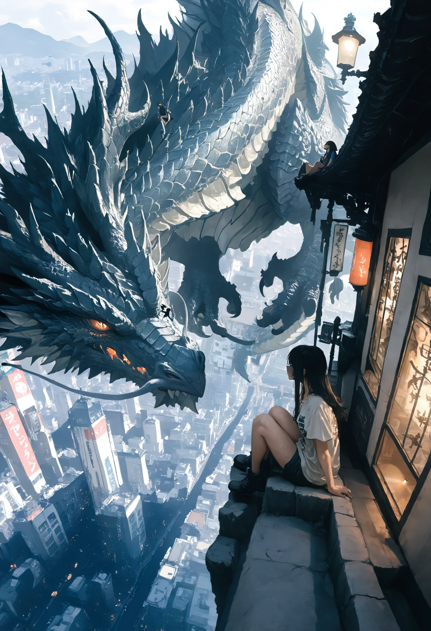 a girl,with legs hanging ,sitting on a ledge,height,Japanese city, street lamp ,((montruo Flight en el cielo)),giant monster,Dragon gigante,alas,Scales,(Flight),masterpiece, t-shirt, newest ,absurdres, highres,far away view ,detailed background