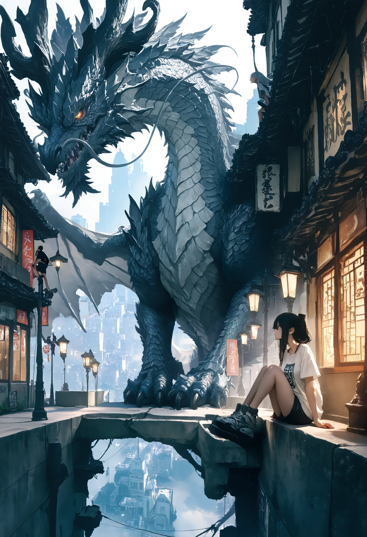 a girl,with legs hanging ,sitting on a ledge,height,Japanese city, street lamp ,((montruo Flight en el cielo)),giant monster,Dragon gigante,alas,Scales,(Flight),masterpiece, t-shirt, newest ,absurdres, highres,far away view ,detailed background
