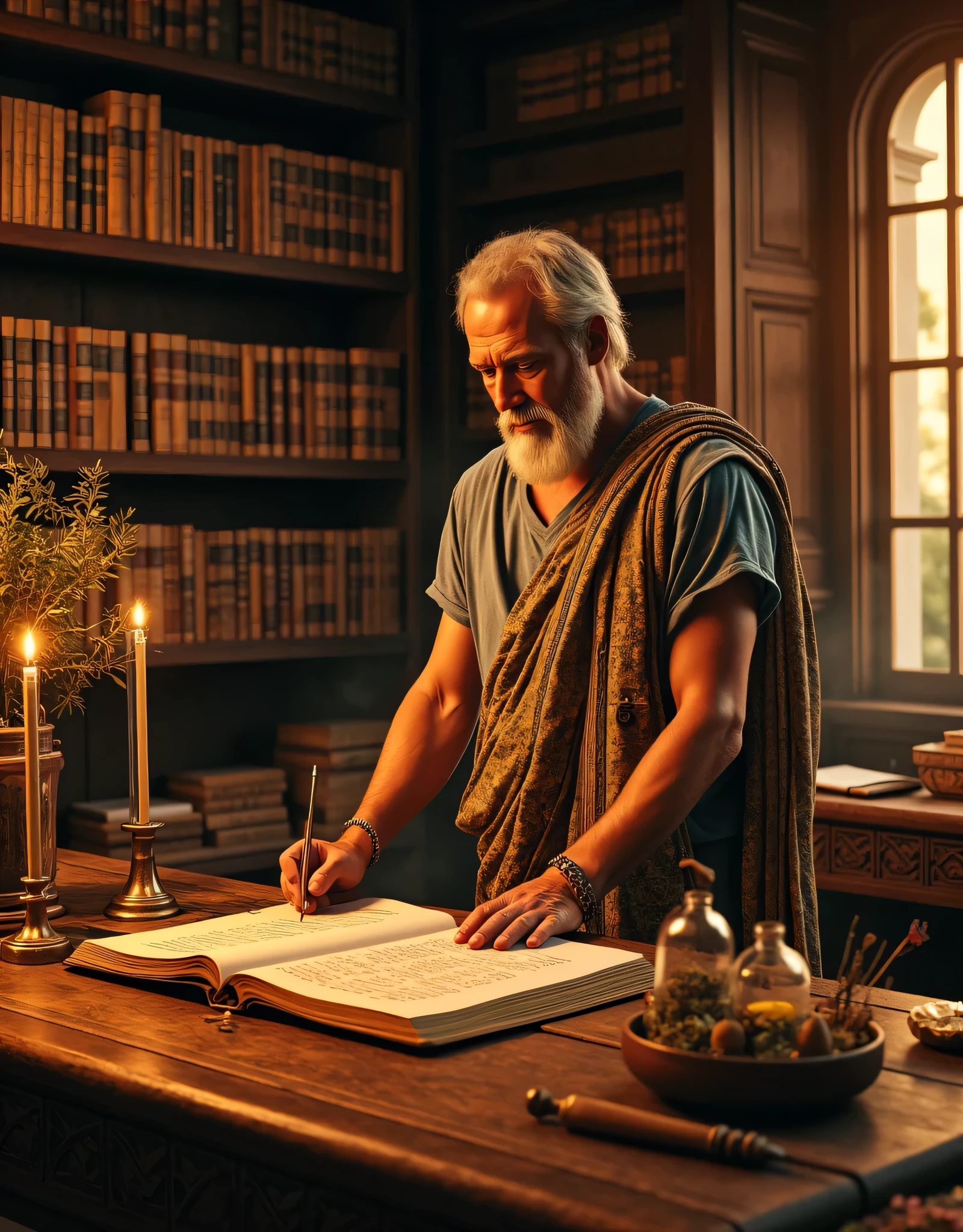 **Prompt:** Envision a richly detailed scene set in an ancient greek Pantheon's chamber, where the air is fragrant with the earthy scents of dried herbs and obscure botanicals. The dimly lit space is curated with ornate wooden shelves, overflowing with manuscripts of colorful greek writings and intricately depicted, showcasing the art of ancient thought. In the heart of this room stands a wise, smiling middle-aged physician of greek descent, his intricately patterned toga robe and stately reflecting his genius heritage. His attention is captivated by an expansive oak table strewn with delicate scrolls and an array of glass tubes brimming with vibrant herbal concoctions. As he diligently writes with a fine brush, a warm golden light from the setting sun pours through tall, open windows, and creating a serene atmosphere. In the background, historical writing instruments hint at the evolving understanding of writing practices, each artifact exuding a sense of history and curiosity. Capture this moment in hyperrealistic detail, using a medium-angle perspective to emphasize the rich textures of the chamber—the natural grain of the wood, the soft glow of candlelight, and the physician's meditative expression—as a symbol of the enduring quest for knowledge and the profound legacy of the healing arts. Let the viewer feel as if they are stepping back in time, invited into this enchanting world where science and tradition converge harmoniously.
