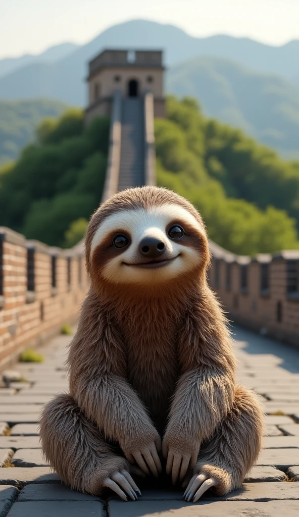 "A hyper-realistic image of an adorable sloth sitting in front of the Great Wall of China. The sloth has soft, textured brown fur with individual strands visible, giving it a lifelike appearance. Its round, glossy eyes reflect the light, and its gentle smile adds to its charm. The background features the winding structure of the Great Wall stretching over green, rolling hills, with an ancient watchtower in the distance. The lighting is natural and warm, creating a balance between the detailed fur of the sloth and the historic scenery. The sloth is positioned in the foreground with a relaxed and friendly pose, looking directly at the viewer."