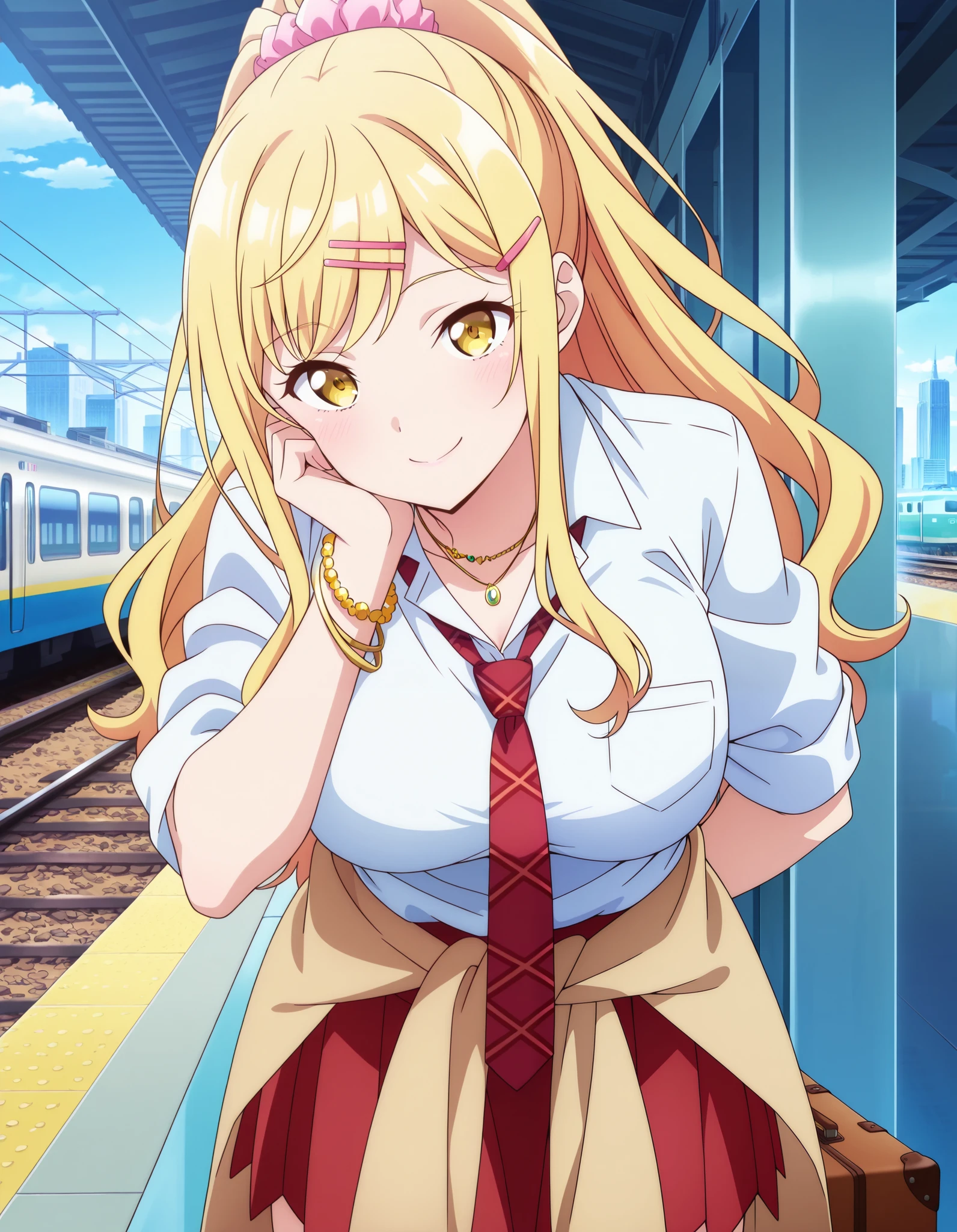 score_9, score_8_up, score_7_up, source_anime, himari ishikura, long hair, bangs, blonde hair, large breasts, hair ornament, yellow eyes, ponytail, hairclip, high ponytail, large breasts, anime screencap, skirt, shirt, jewelry, school uniform, white shirt, necktie, collared shirt, necklace, bracelet, red skirt, red necktie, clothes around waist, gyaru, train station, waiting for train, suitcase, traveling, commute, city skyline, hands behind back, , head rest, smile,, looking at viewer, solo,, cowboy shot, solo