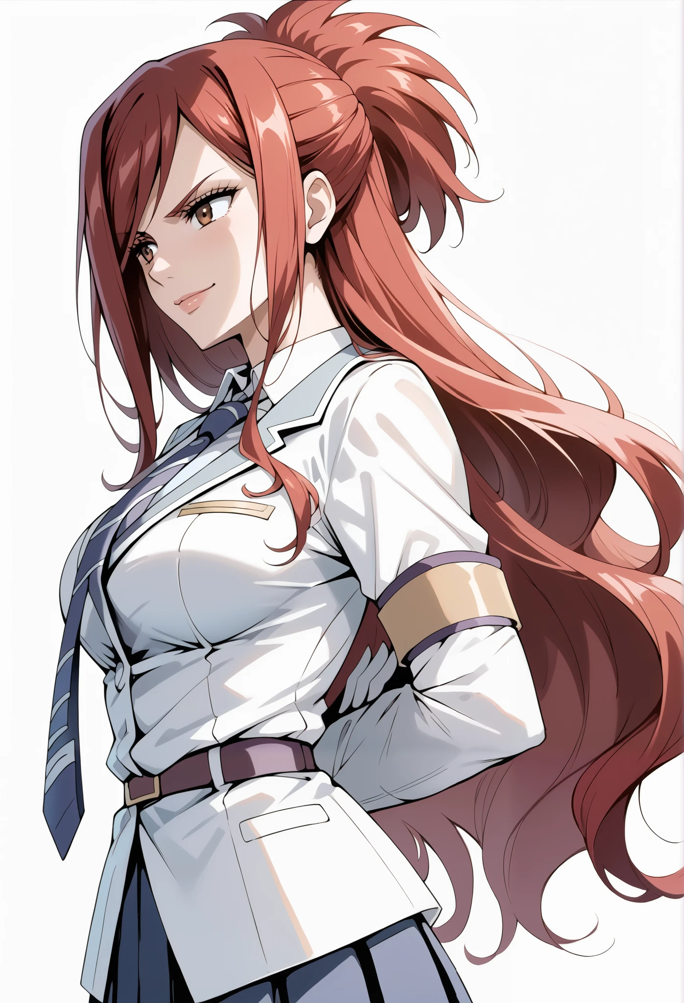 score_9, score_8_up, score_7_up, source_anime, 4K,perfect fingers,(perfect hands, perfect anatomy),prefect lighting, very aesthetic, intricate details,highly detailed background, masterpiece, high quality, best quality,
1 girl,solo,erza knightwalker, red hair, brown eyes, long hair, straight hair,mature female,large breast,,
wearing ((necktie,school uniform, )),,
((White plain background:1.5)) , evil smirk, Standing, ((arms behind back:1.5)),