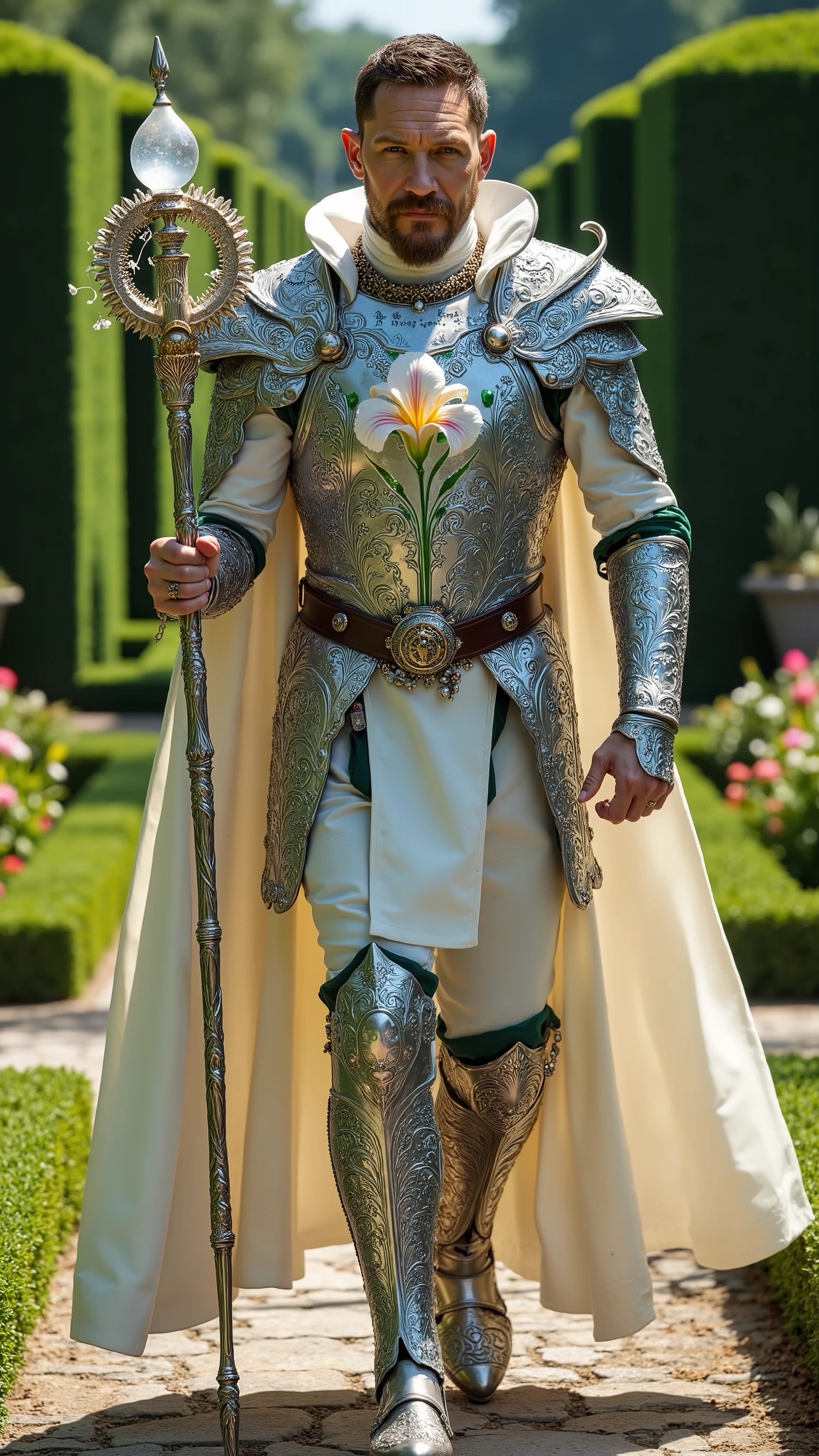 Tom Hardy reimagined as a majestic human-Virgo hybrid walking and holding a silver staff, dramatic atmosphere, 1 male、
short, neatly styled dark hair, piercing blue-green eyes, and sharp facial features. His skin has a soft, porcelain-like quality. His fingers are long and graceful, with slightly translucent nails resembling delicate
He wears ultra-luxurious armor crafted from polished white gold and silver, adorned with intricate engravings of wheat sheaves, lilies, and celestial patterns. His breastplate features a central motif of a blooming lily surrounded by delicate vine filigree and small, inset emeralds. The pauldrons are shaped like gently curved petals, edged with platinum and adorned with pearl droplets. A flowing white velvet cloak with silver and green embroidery of natural patterns is draped over his shoulders, fastened by a brooch shaped like a wreath of wheat and flowers. His gauntlets and boots are decorated with leaf and floral motifs, combining silver metalwork with soft green enamel details.
In his hands, he holds an ornate silver staff, its shaft wrapped in carved vines and blooming flowers, crowned with a floating crystal orb surrounded by delicate, petal-like metalwork. Tiny silver leaves and gemstones are suspended around the orb, catching the light with every movement.
Shows his male character's full figure, athletic body, perfect face, full body, extremely beautiful, male shape, and perfect anatomy. The background features a lush garden with perfectly manicured hedges, vibrant flower beds, and gently winding stone paths. The sky is clear, photorealistic, masterpiece, realistic, high contrast, 8k, HD, high definition detailed, detailed, hyper detailed, realistic skin texture, best quality, ultra high resolution, hyper realistic, no text, very detailed eyes, dramatic lighting
