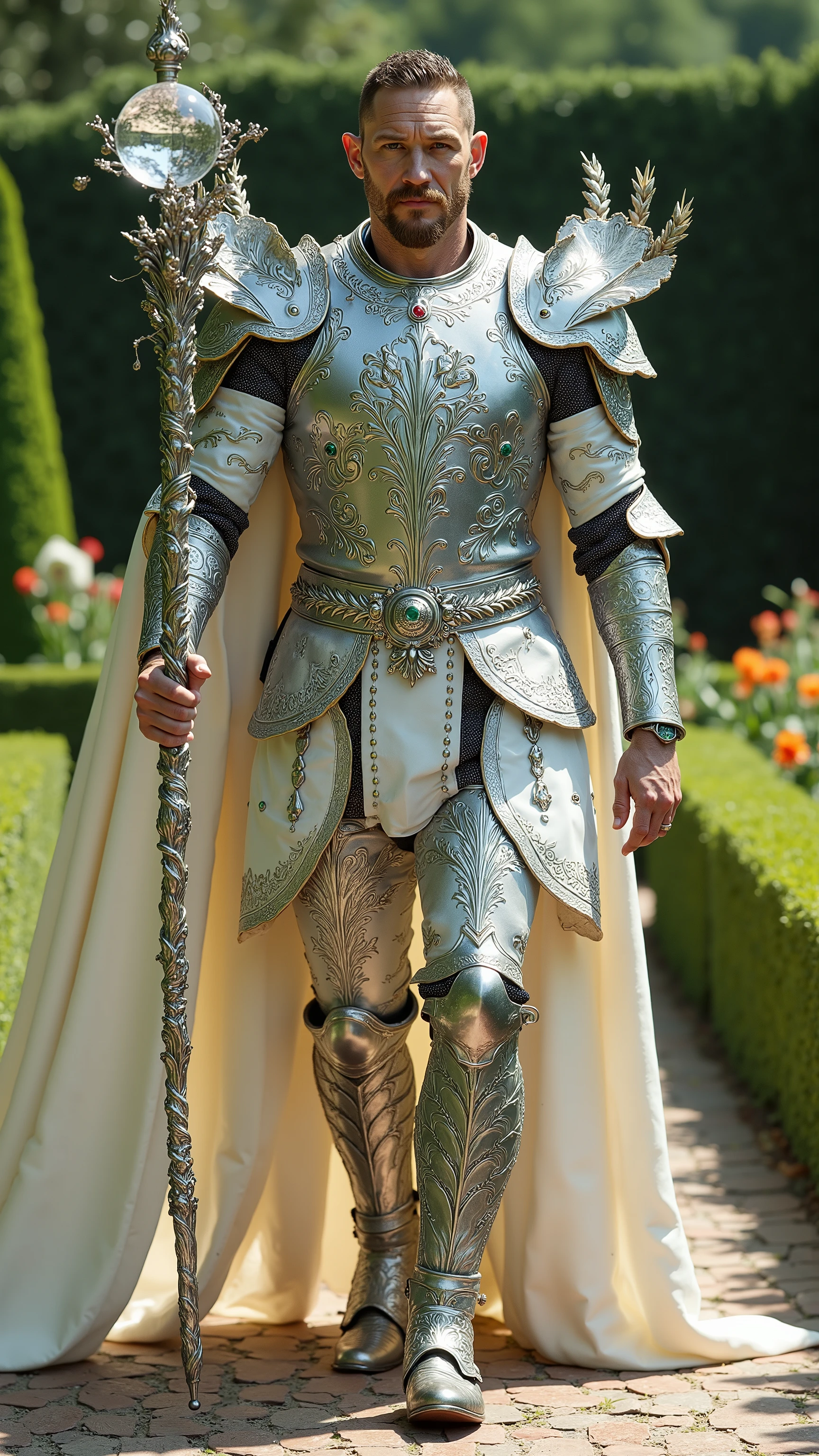 Tom Hardy reimagined as a majestic human-Virgo hybrid walking and holding a silver staff, dramatic atmosphere, 1 male、
short, neatly styled dark hair, piercing blue-green eyes, and sharp facial features. His skin has a soft, porcelain-like quality. His fingers are long and graceful, with slightly translucent nails resembling delicate
He wears ultra-luxurious armor crafted from polished white gold and silver, adorned with intricate engravings of wheat sheaves, lilies, and celestial patterns. His breastplate features a central motif of a blooming lily surrounded by delicate vine filigree and small, inset emeralds. The pauldrons are shaped like gently curved petals, edged with platinum and adorned with pearl droplets. A flowing white velvet cloak with silver and green embroidery of natural patterns is draped over his shoulders, fastened by a brooch shaped like a wreath of wheat and flowers. His gauntlets and boots are decorated with leaf and floral motifs, combining silver metalwork with soft green enamel details.
In his hands, he holds an ornate silver staff, its shaft wrapped in carved vines and blooming flowers, crowned with a floating crystal orb surrounded by delicate, petal-like metalwork. Tiny silver leaves and gemstones are suspended around the orb, catching the light with every movement.
Shows his male character's full figure, athletic body, perfect face, full body, extremely beautiful, male shape, and perfect anatomy. The background features a lush garden with perfectly manicured hedges, vibrant flower beds, and gently winding stone paths. The sky is clear, photorealistic, masterpiece, realistic, high contrast, 8k, HD, high definition detailed, detailed, hyper detailed, realistic skin texture, best quality, ultra high resolution, hyper realistic, no text, very detailed eyes, dramatic lighting