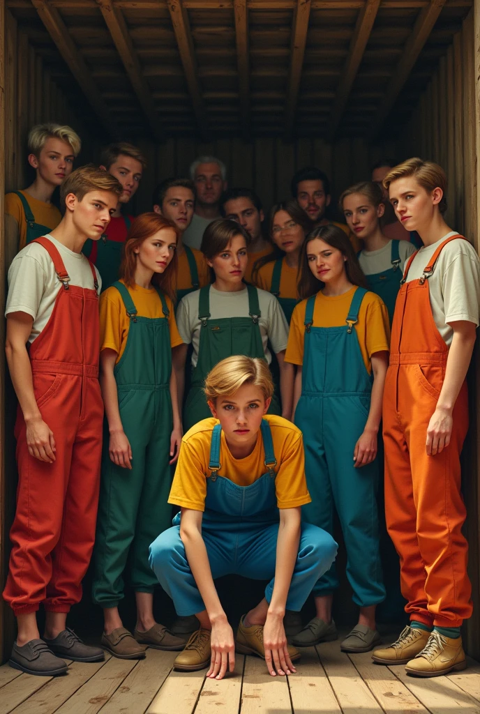 A 14-year-old blonde boy,There is some filth on the body,Wearing an orange one-piece prison suit,Handcuffs on their hands,The feet are fully shackled,Wear orange slippers,Eight inside both feet,and hold your head in your hands,Kneeling on an iron bed in a single cell,Very melancholy look Modern American prison background