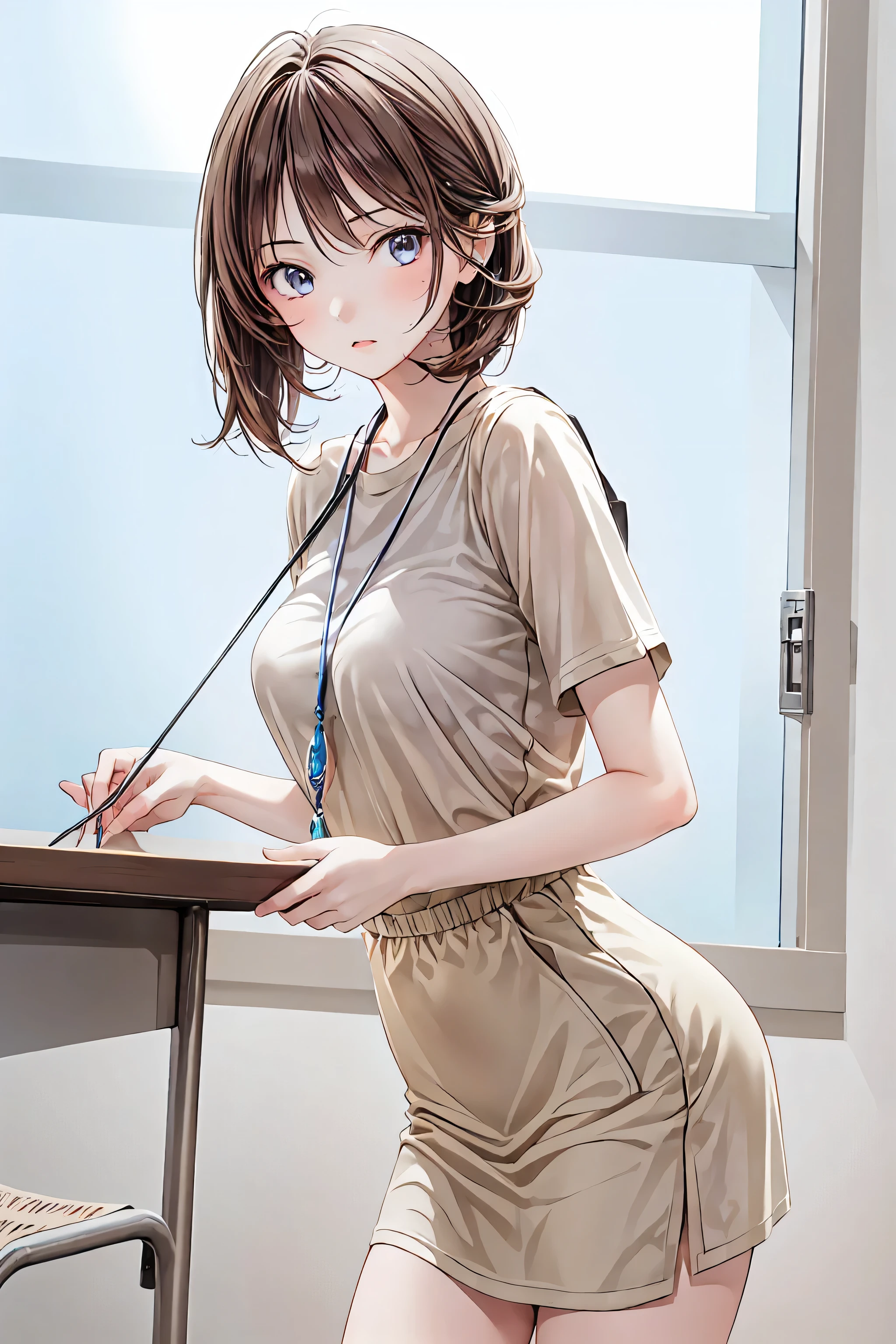 1 girl, Portrait Photos: Ashley, high athletic , black school uniform, white shirt, rushed into the classroom, volume light, top quality, artwork, necklace interlocking, Tone Mapping, sharp concentration, hyper details, artstation trend , realistic,