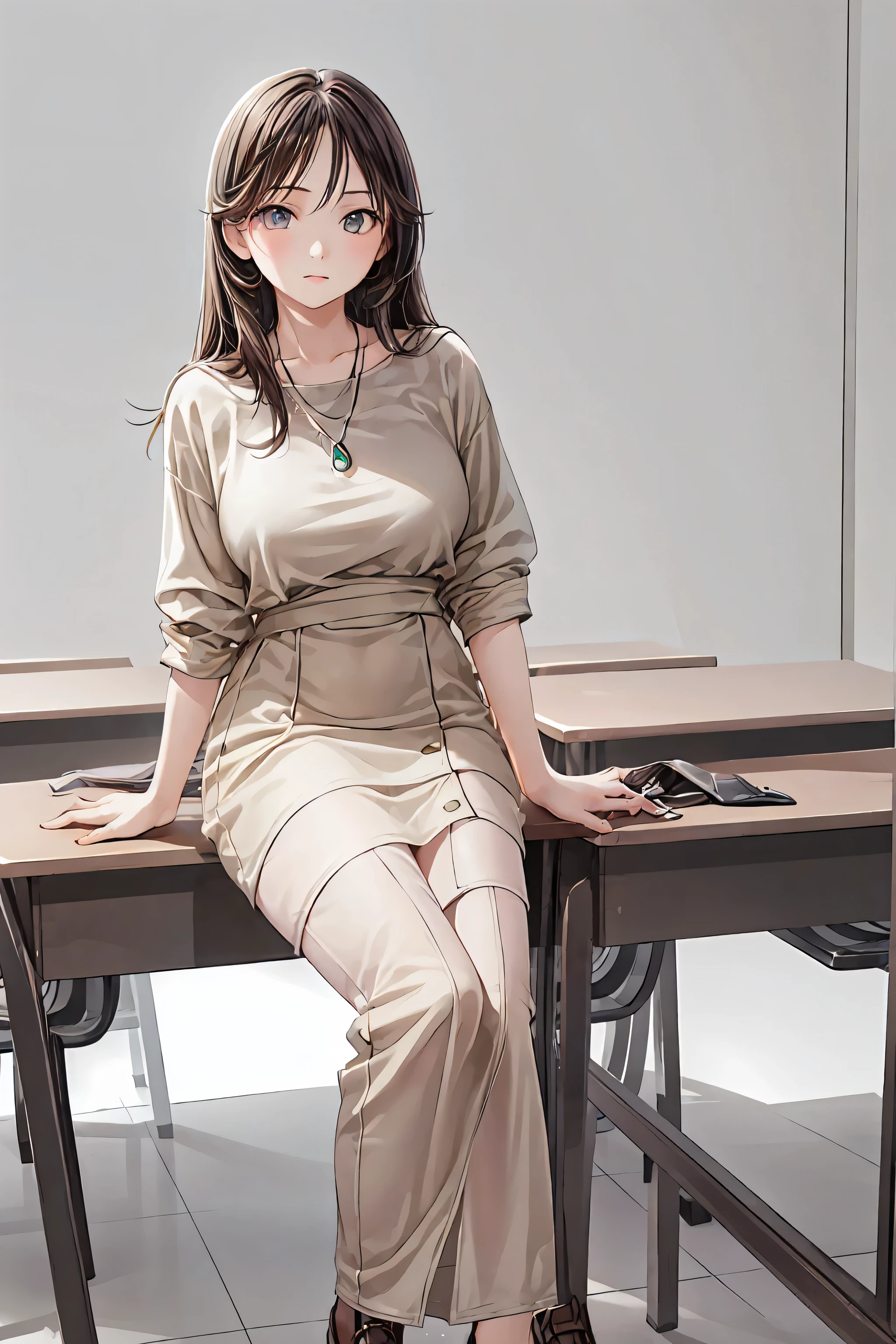 1 girl,  Portrait Photos: Ashley,   high athletic  , black school uniform, white shirt,  rushed into the classroom, volume light, top quality, artwork, necklace interlocking, Tone Mapping, sharp concentration,  hyper details,  artstation trend , realistic, 