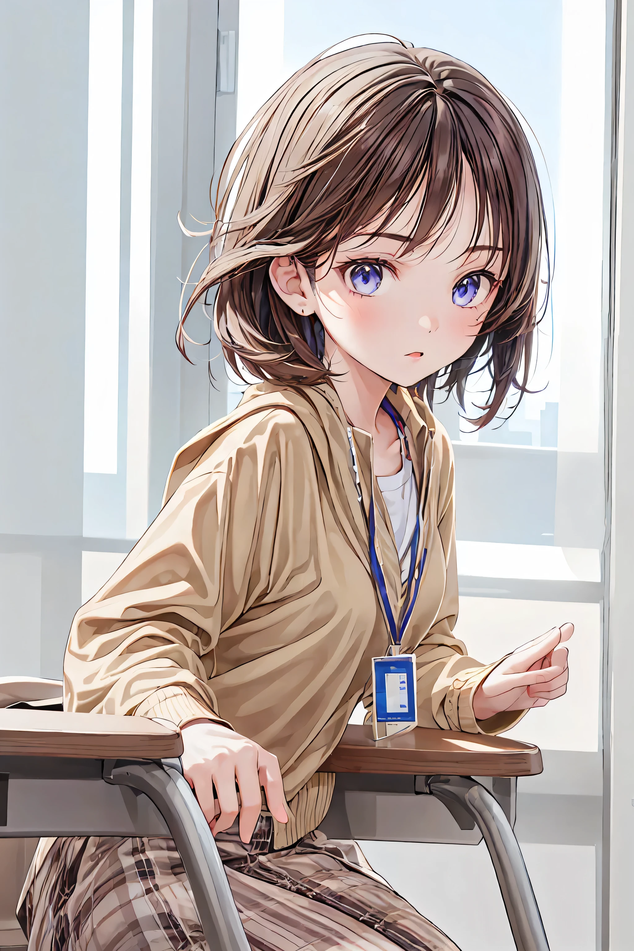 1 girl, Portrait Photos: Ashley, high athletic , black school uniform, white shirt, rushed into the classroom, volume light, top quality, artwork, necklace interlocking, Tone Mapping, sharp concentration, hyper details, artstation trend , realistic,