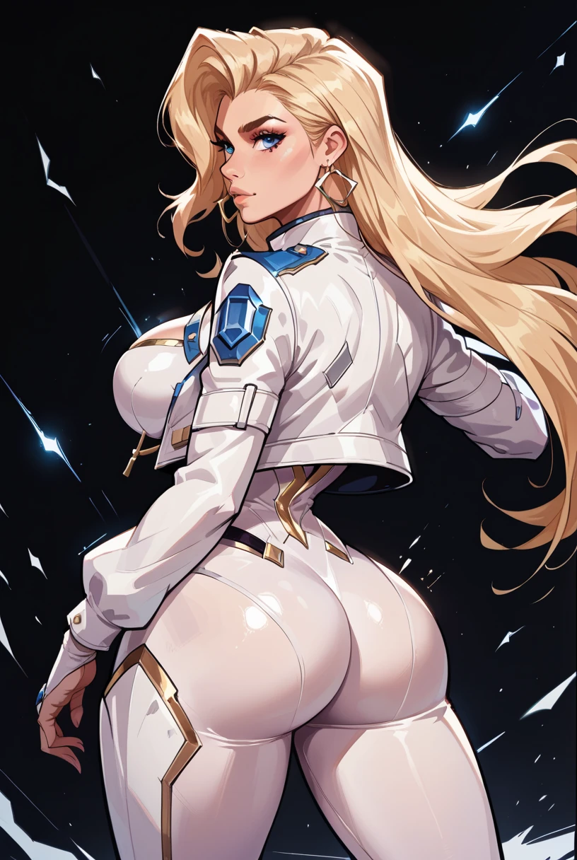sensual, long blonde hair, thick thighs, 8k, 4k, highest quality, High resolution:1.2), cute anime face, noise reduction, shining blue eyes, gentle smile, gentle eyes、Wearing a headband, white bodysuit、toned abdominal muscles, muscular arms, muscular legs, (((exposed nipples))). , young face, anime chic eyes, rock,,O-ring,elbow bag,collar,cuffs ,thigh strap,thigh boots, Harness、全身Harness、garter belt、(((Rear view、emphasize the buttocks、T-back that digs into your butt)))、(((big breasts、A chest that is about to burst)))