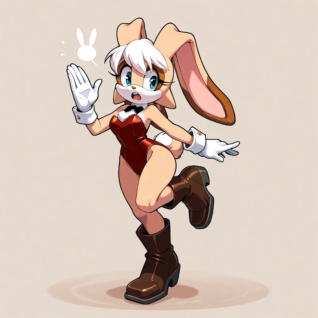 1 girl in、Shocking pink dress、Simple dress、White rabbit ears、White tights、Rabbit tail、White hair、short-cut、Simple eyes、white glove、Evil smile、conspiracy、small tits、Sleeveless、piece sign、simple background、Gani crotch