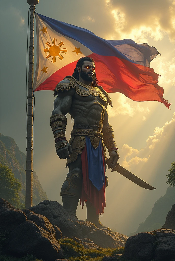 Indonesian flag, Indonesian independence, about sacred courage, 1 man, full body portrait, strong muscular man, warrior, holding Indonesian flag, proud expression, patriotic, dramatic lighting, cinematic angle, realistic, photorealistic, 8k, best quality, ultra-detailed, highly detailed, intricate details, sharp focus, physically-based rendering, vibrant colors, warm color palette, dramatic shadows, cinematic composition, heroic, powerful, brave, determined, majestic, epic, cinematic art, digital painting