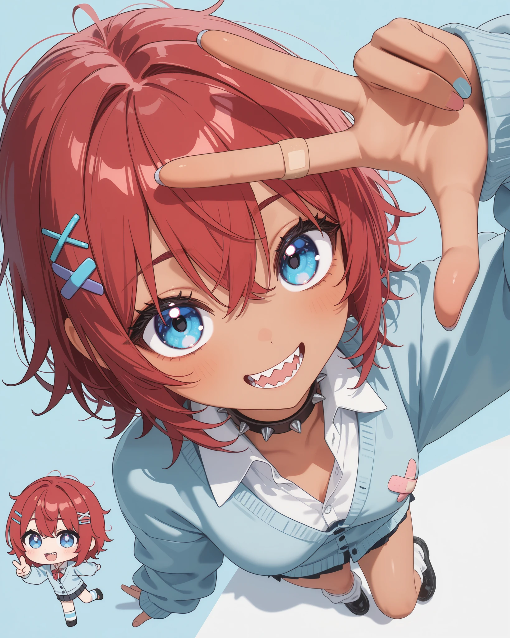 1girl, ((chibi:1.3),cute,kawaii, blue eye, big eye,beautiful shiny eye, tan skin, messy hair, red hair, (short hair), white collared shirt, pastel blue cardigan, (unbuttoned cardigan), spiked choker, mismatched socks,bandaid, hair pins,breast,cute pose, v sign,smile\), (sharp teeth), background\ ((beautiful sunny day))\),,close-up girl,dynamic angle,3d,(((dynamic pose))),from above,masterpiece,best quality,newest