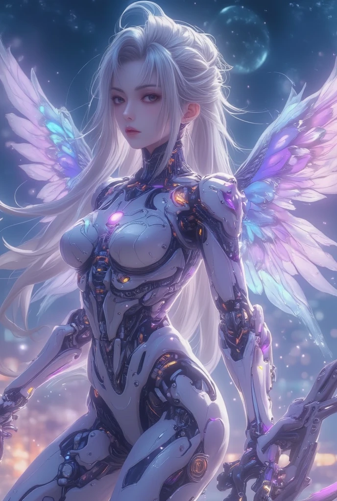 A fairy with robot wings dancing in the sky, ethereal fantasy portrait, elegant detailed wings, glowing robotic limbs, whimsical magical realism, pastel colors, dramatic lighting, cinematic composition, (best quality,4k,8k,highres,masterpiece:1.2),ultra-detailed,(realistic,photorealistic,photo-realistic:1.37),cinematic lighting, dramatic composition, vibrant colors, dramatic atmosphere