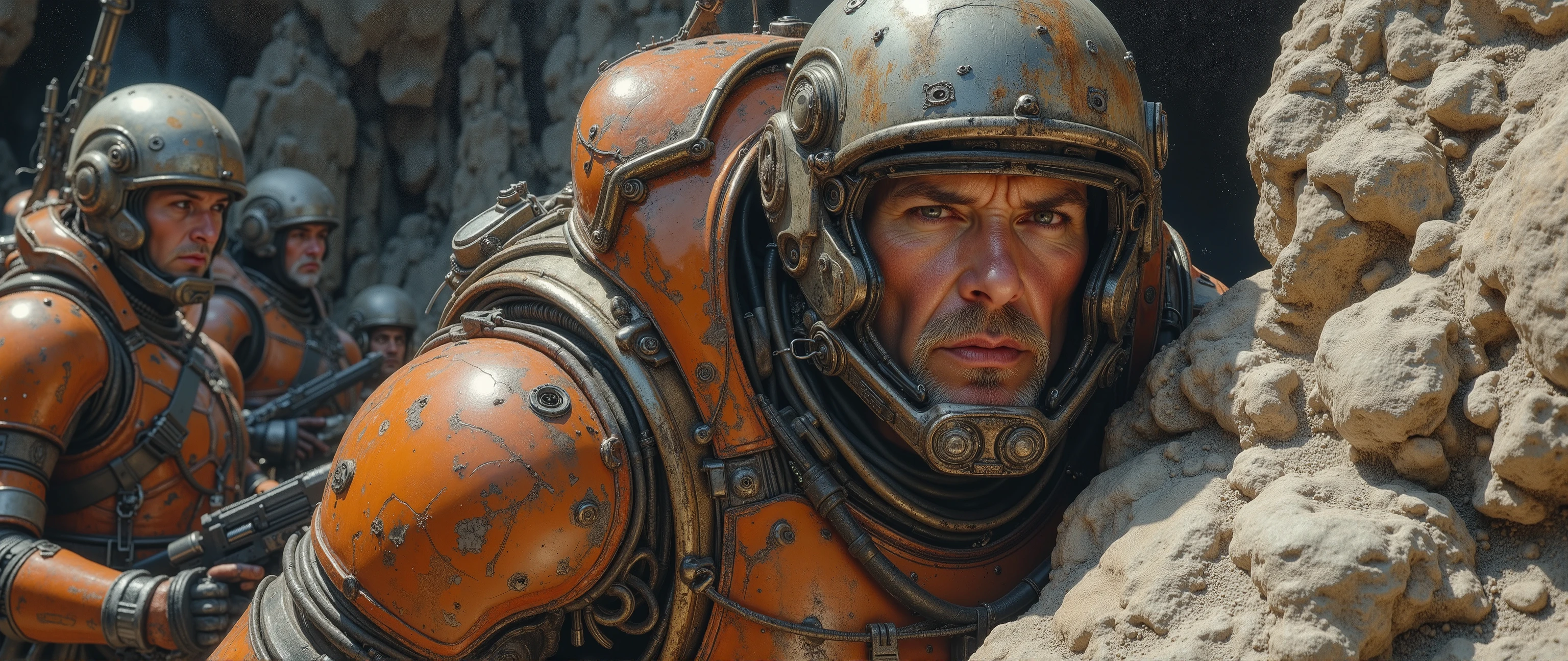 epic oil painting , 16 thousand., photo quality, The fantasy zone , scrupulous drawing of all the little details, 10000 years , is a very futuristic landscape with fantastic warriors and rymen , , incredible detail with thousands of small details , is a powerful warrior, an ry veteran in incredibly high-tech armor, the combat uniform of the future without a helmet , THE AMBUSH OF RYMEN OF OLD GRARDIA HIDING BEHIND THE STONES IN THE ROCKS, RYMEN SIT HIDDEN IN THE ROCKS, , Universe , , all accents on the veteran's face close-up, the face shows all the scars and wrinkles of a battle-hardened warrior, a veteran is surrounded by his professional Guardsmen, all warriors have incredibly high-tech railguns