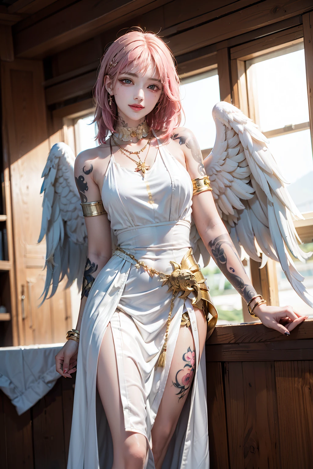 (award-winning masterpieces galore, incredibly detailed, textured and maximally detailed), (hyper realistic:1.4), (realistic:1.3), (top quality realistic textured skin), (dense perfect circle symmetrically beautifully rendered eyes), (angelic light Circle of Divine Radiance Overhead: 1.8), ((Medieval World)), (Black Angel of the Lord or White Angel of the Lord: 1.6), (Full Length Standing Image: 1.8), (Beautiful Kind Eyes), (Loving Beautiful Colored Eyes), (Magnificent Cloud Masses and Sky), (Halo Optical Phenomenon: 1.3), (Dramatic light), (majestic scene), (so beautiful in its expression of serenity and tenderness), ((big old wings with pure white feathers behind shoulders)), flower earrings on ears, (((dramatic photo))), (twilight), (sunset), (dusk), (sacred pose)), (pink hair), (chestnut hair ), flower garden, (elaborately crafted necklace around her neck), old ruins infested with plants, great temple, cathedral, ruins of temple, temple away from temple, (glowing magic circle), ruins of ancient castle, deserted ruins, crumbling ruins, ancient ruins with clear water, holy light, epic realistic, ((neutral color  )), (HDR:1.5), (subdued colors:1.2), highly detailed, cinematic, warm light, dramatic light, (complex details:1.1), complex background, petals, pastel colors、Window