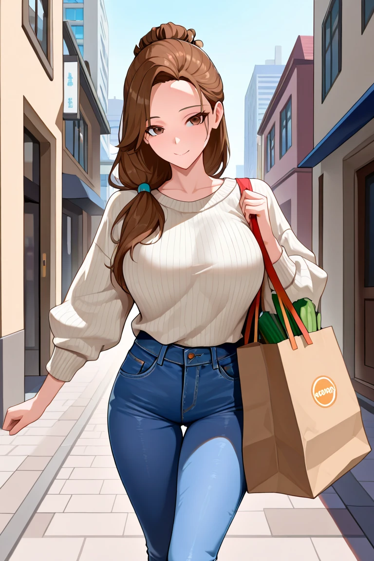 An extremely, insanely beautiful stunning gorgeous pretty cute sexy busty mother with a gorgeous beautiful face, extremely bright snow white fair stunning flawless lush shiny white skin, and complexion, gold blonde hair tied in a cute hairstyle with hair ornament and rose flowers on hair, age 23, oceanic stunning shiny big shiny glowing blue eyes, bright pink cheek blushes, brown-black eyelashes, pink puffy lips, pink nails, goddess-like extremely cute sweet smile, face full of life, wearing a gold necklace, feet anklets, wearing a sexy short loose revealing thin-soft bright red-maroon top with threads, long blue tight jeans, front open lower back hanging yellow sweater, shiny gold heels, gold bangles, looking at the viewer, standing straight, alone, insanely tight skinny perfect hourglass figure, perfect round wide perfect hips, perfect bouncy round breasts, perfect round plump ass poking out of her jeans, holding a pink purse, a park in the background, day time, show full body from head to feet.