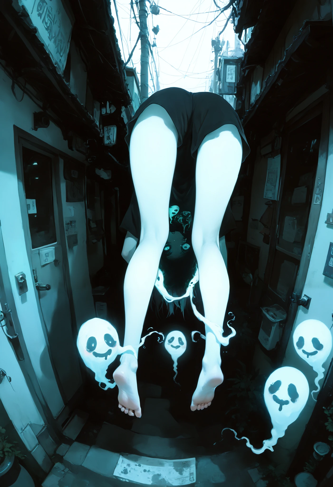 a girl,with legs hanging ,Transluded ghost, clear,masterpiece, t-shirt, newest ,absurdres, highres,far away view ,detailed background