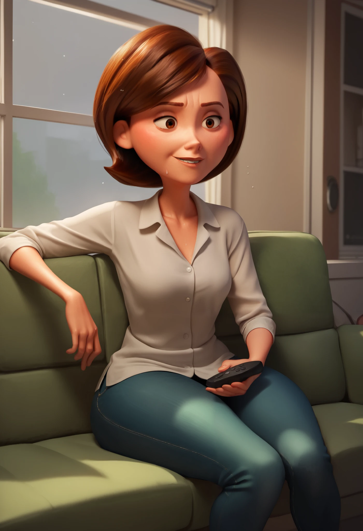 Helen parr, solo1, mature female, brown eyes, brown hair, short hair, small breasts, collarbone, casual, (cold light), thick thighs, jeans, white collared shirt, sitting, ((green couch)), 80s living room, watching tv, smile, daylight, window, remote controler