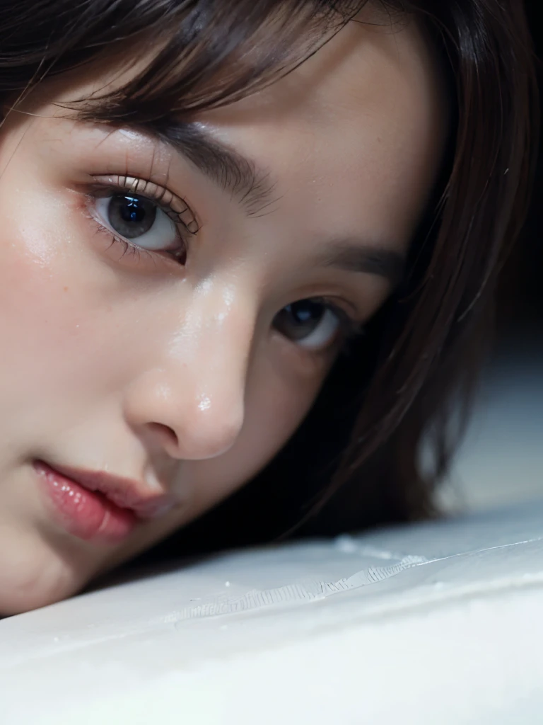 Girl with black hair, wide pink t-shirt, Red lips, brown eyes, distinctive nose