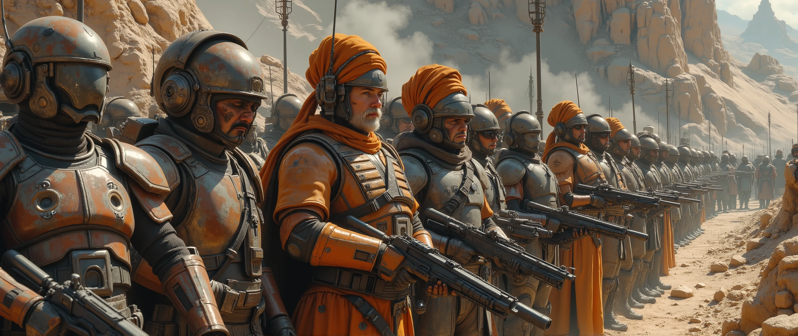 epic oil painting , 16 thousand., photo quality, The fantasy zone , scrupulous drawing of all the little details, 10000 years , is a very futuristic landscape with fantastic warriors and rymen , , incredible detail with thousands of small details , an army of powerful veteran ry warriors in incredibly high-tech armor, the combat uniforms of the future, is standing up before battle , , Universe , , all accents on the veteran's face close-up, the face shows all the scars and wrinkles of a battle-hardened warrior, a veteran is surrounded by his professional Guardsmen, all warriors have incredibly high-tech railguns, bird's-eye view of the epic grandiose picture, axonometry