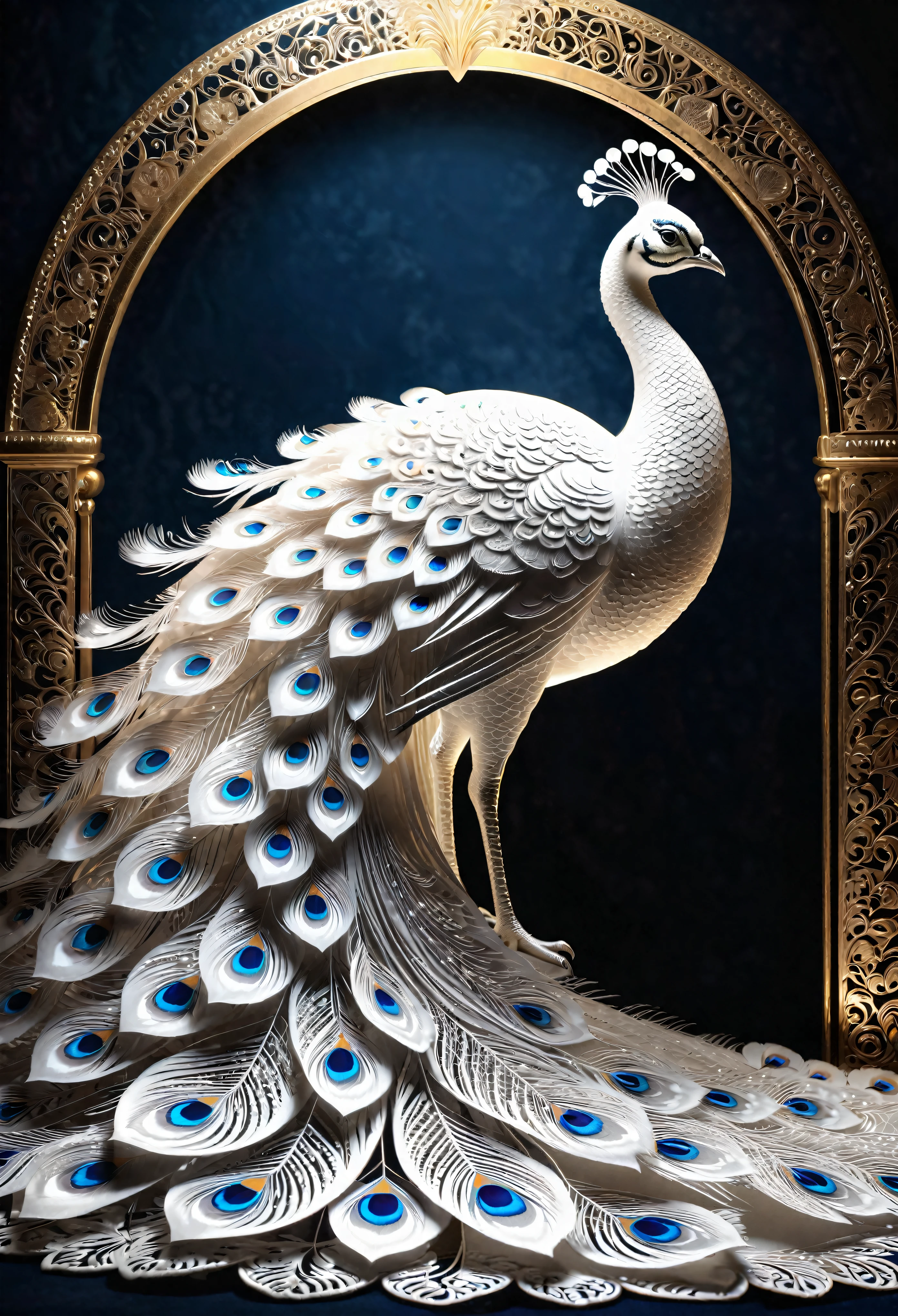 best quality, a stunning artwork of a beautiful white peacock, intricately detailed, (best shadow), elegant, volumetric lighting| ((More_Detail))