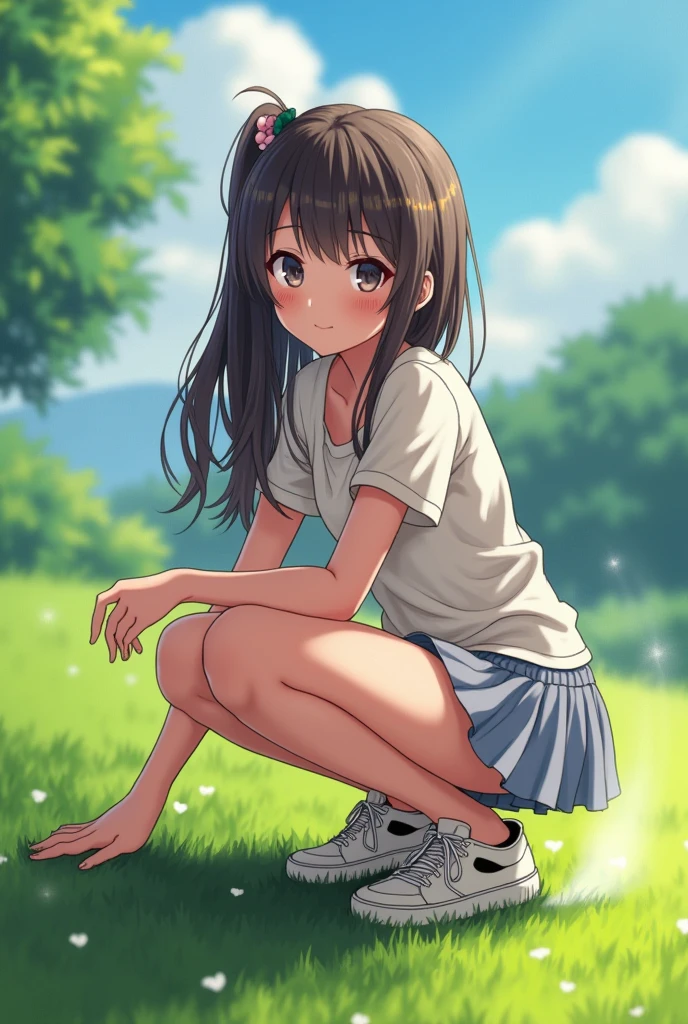 very cute and beautiful girl,(Very detailed美しい顔), (smile),blush,Black Hair,Seraphim,(White Shirt、Pleated navy blue pread your legs、Squat)、Sitting、(From below)、(Lacy white panties), Country road、Outdoor, (Highest quality,masterpiece:1.0),Absurd,High resolution,Super detailed,Very detailed,32K,8k resolution, Intricate details,Movie Scenes,Detailed Background,alone,Dynamic Angle,