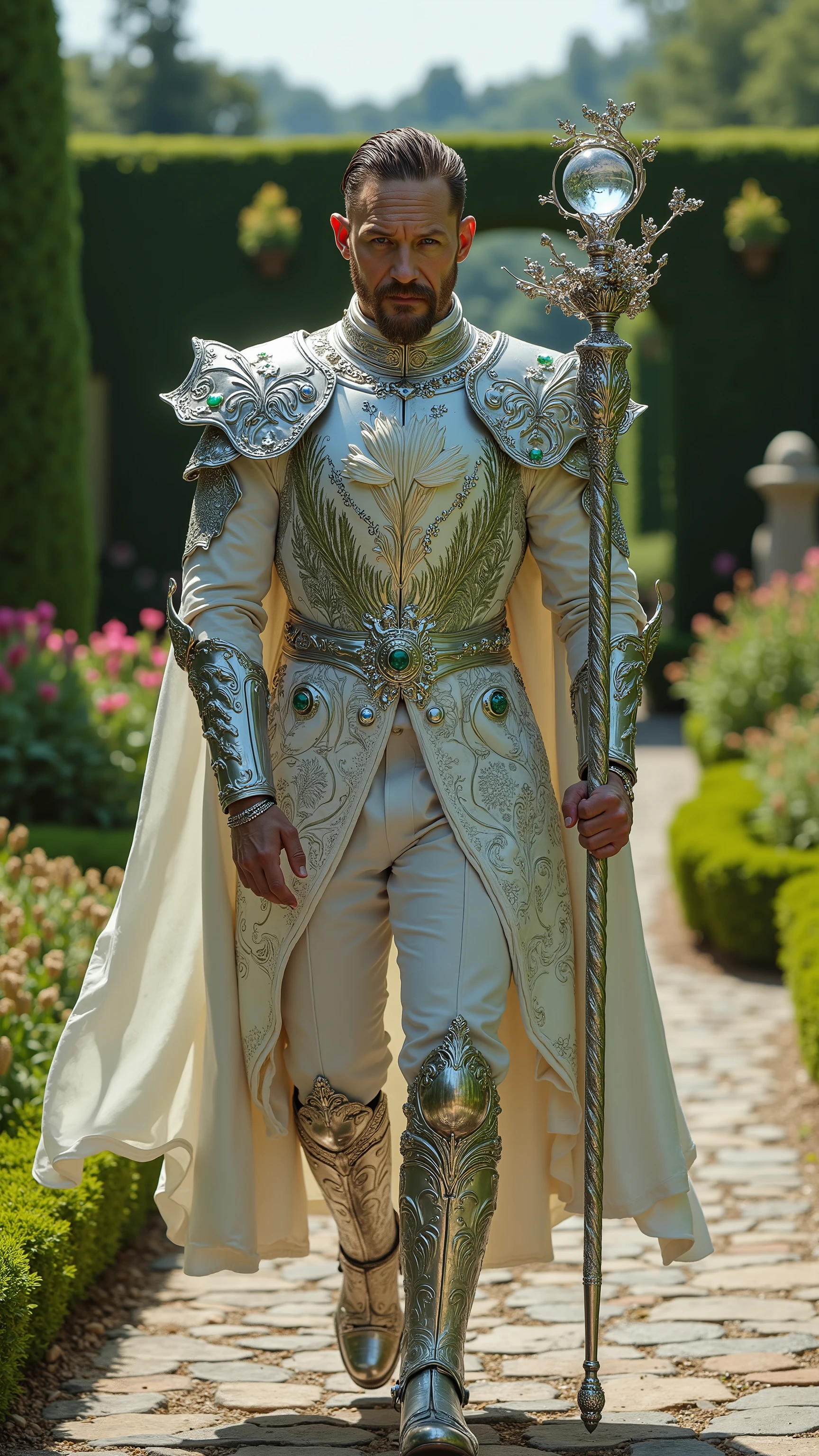 Tom Hardy reimagined as a majestic human-Virgo hybrid walking and holding a silver staff, dramatic atmosphere, 1 male､ 

short, neatly styled dark hair, piercing blue-green eyes, and sharp facial features. His skin has a soft, porcelain-like quality. His fingers are long and graceful, with slightly translucent nails resembling delicate

He wears ultra-luxurious armor crafted from polished white gold and silver, adorned with intricate engravings of wheat sheaves, lilies, and celestial patterns. His breastplate features a central motif of a blooming lily surrounded by delicate vine filigree and small, inset emeralds. The pauldrons are shaped like gently curved petals, edged with platinum and adorned with pearl droplets. A flowing white velvet cloak with silver and green embroidery of natural patterns is draped over his shoulders, fastened by a brooch shaped like a wreath of wheat and flowers. His gauntlets and boots are decorated with leaf and floral motifs, combining silver metalwork with soft green enamel details.

In his hands, he holds an ornate silver staff, its shaft wrapped in carved vines and blooming flowers, crowned with a floating crystal orb surrounded by delicate, petal-like metalwork. Tiny silver leaves and gemstones are suspended around the orb, catching the light with every movement.

Shows his male character's full figure, athletic body, perfect face, full body, extremely beautiful, male shape, and perfect anatomy. The background features a lush garden with perfectly manicured hedges, vibrant flower beds, and gently winding stone paths. The sky is clear, photorealistic, masterpiece, realistic, high contrast, 8k, HD, high definition detailed, detailed, hyper detailed, realistic skin texture, best quality, ultra high resolution, hyper realistic, no text, very detailed eyes, dramatic lighting