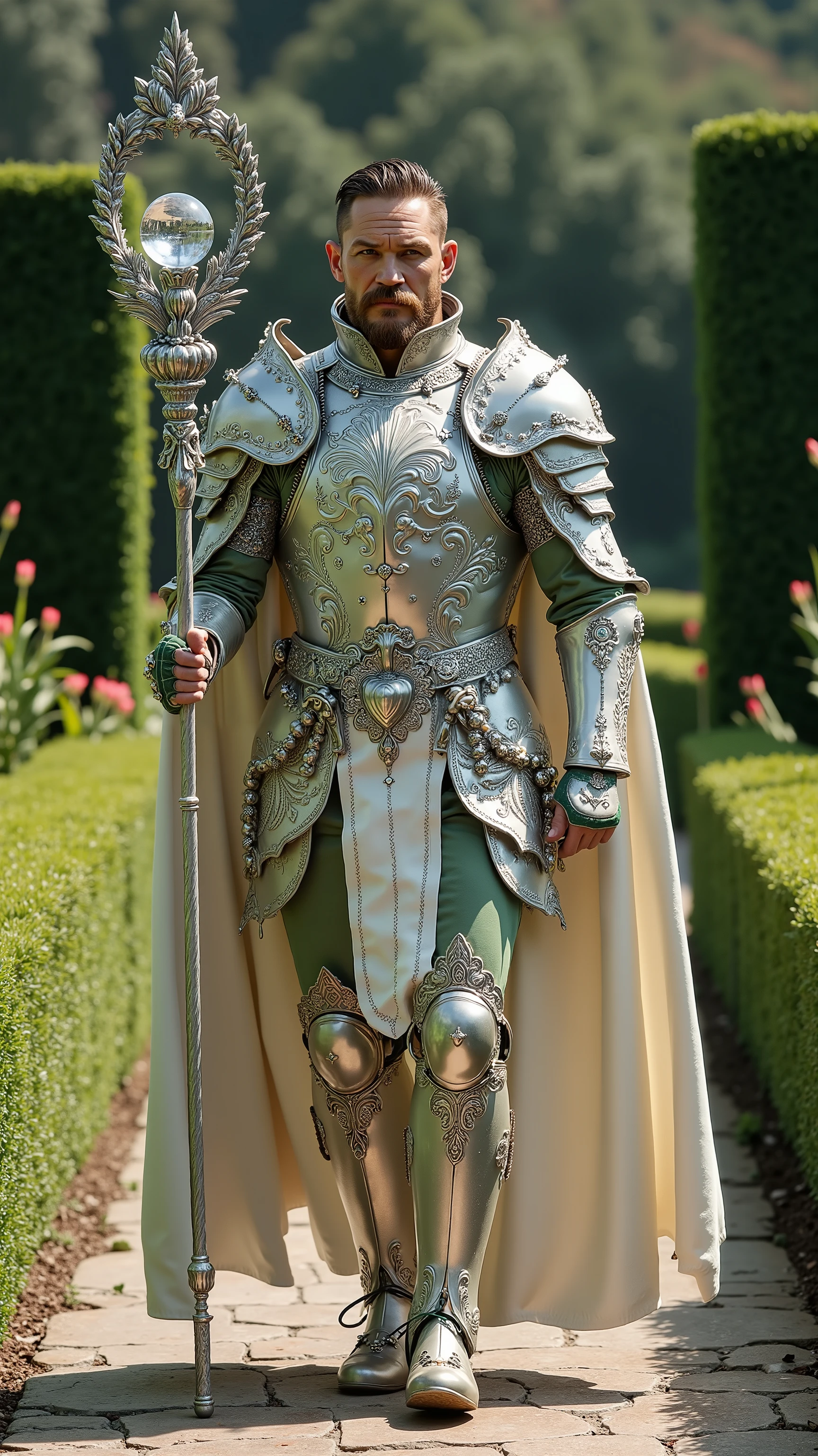 Tom Hardy reimagined as a majestic human-Virgo hybrid walking and holding a silver staff, dramatic atmosphere, 1 male､ 

short, neatly styled dark hair, piercing blue-green eyes, and sharp facial features. His skin has a soft, porcelain-like quality. His fingers are long and graceful, with slightly translucent nails resembling delicate

He wears ultra-luxurious armor crafted from polished white gold and silver, adorned with intricate engravings of wheat sheaves, lilies, and celestial patterns. His breastplate features a central motif of a blooming lily surrounded by delicate vine filigree and small, inset emeralds. The pauldrons are shaped like gently curved petals, edged with platinum and adorned with pearl droplets. A flowing white velvet cloak with silver and green embroidery of natural patterns is draped over his shoulders, fastened by a brooch shaped like a wreath of wheat and flowers. His gauntlets and boots are decorated with leaf and floral motifs, combining silver metalwork with soft green enamel details.

In his hands, he holds an ornate silver staff, its shaft wrapped in carved vines and blooming flowers, crowned with a floating crystal orb surrounded by delicate, petal-like metalwork. Tiny silver leaves and gemstones are suspended around the orb, catching the light with every movement.

Shows his male character's full figure, athletic body, perfect face, full body, extremely beautiful, male shape, and perfect anatomy. The background features a lush garden with perfectly manicured hedges, vibrant flower beds, and gently winding stone paths. The sky is clear, photorealistic, masterpiece, realistic, high contrast, 8k, HD, high definition detailed, detailed, hyper detailed, realistic skin texture, best quality, ultra high resolution, hyper realistic, no text, very detailed eyes, dramatic lighting