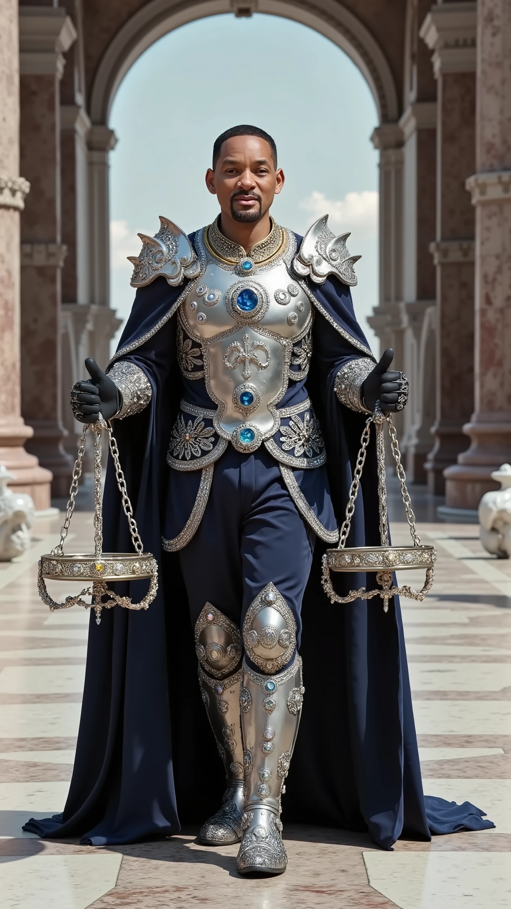 Will Smith reimagined as a majestic human-Libra hybrid walking and holding a silver scale, dramatic atmosphere, 1 male､ 

short, neatly styled black hair, warm brown eyes, and a balanced, symmetrical face. His features are sharp yet approachable, with a golden circlet on his head, adorned with small scales and sapphire gemstones. His hands are elegant, with long fingers that add a touch of refinement to his regal appearance.

He wears ultra-luxurious armor crafted from polished silver and white gold, adorned with intricate engravings of scales, feathers, and balanced geometric patterns. His breastplate features a central motif of perfectly balanced scales, inlaid with white opals and blue topaz. The pauldrons are shaped like wings, edged with platinum and decorated with small sapphire accents. A deep blue velvet cloak, embroidered with silver patterns of balanced scales and celestial symbols, flows behind him, fastened by a brooch shaped like the Libra symbol encircled by a laurel wreath. His gauntlets and boots feature elegant, sweeping lines with polished silver details.

In his hands, he holds an ornate silver scale. The central pole is wrapped in intricate silver filigree, with two perfectly balanced trays hanging from delicate chains. The trays are decorated with etched patterns of stars and feathers, and small gemstones are set along the edges.

Shows his male character's full figure, athletic body, perfect face, full body, extremely beautiful, male shape, and perfect anatomy. The background features a grand marble courtyard with perfectly symmetrical arches, stone pathways, and balanced statues holding silver scales. Fountains with clear water create gentle arcs, and the sky is bright with evenly cast natural light, photorealistic, masterpiece, realistic, high contrast, 8k, HD, high definition detailed, detailed, hyper detailed, realistic skin texture, best quality, ultra high resolution, hyper realistic, no text, very detailed eyes, dramatic lighting