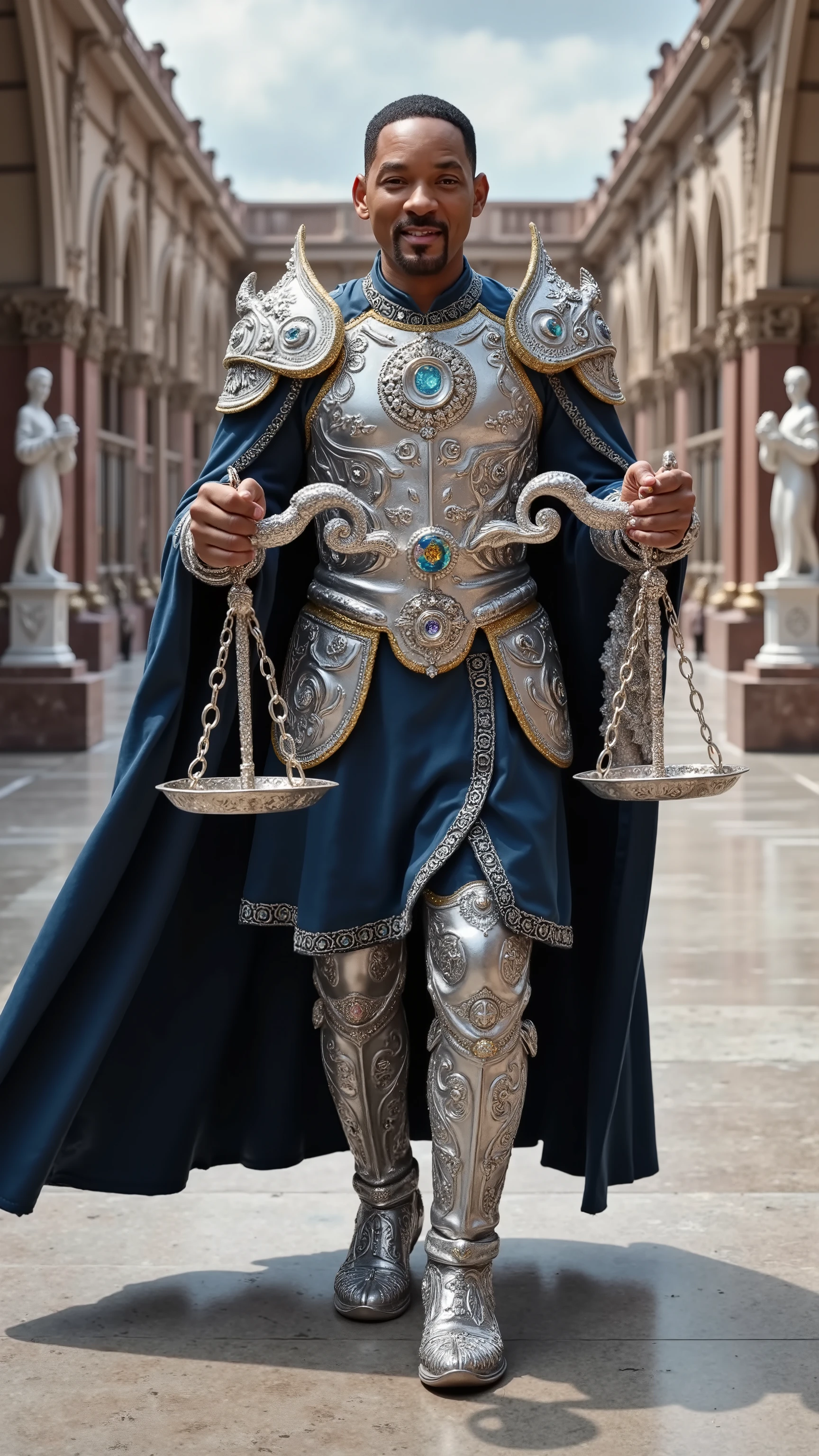 Will Smith reimagined as a majestic human-Libra hybrid walking and holding a silver scale, dramatic atmosphere, 1 male、
short, neatly styled black hair, warm brown eyes, and a balanced, symmetrical face. His features are sharp yet approachable, with a golden circlet on his head, adorned with small scales and sapphire gemstones. His hands are elegant, with long fingers that add a touch of refinement to his regal appearance.
He wears ultra-luxurious armor crafted from polished silver and white gold, adorned with intricate engravings of scales, feathers, and balanced geometric patterns. His breastplate features a central motif of perfectly balanced scales, inlaid with white opals and blue topaz. The pauldrons are shaped like wings, edged with platinum and decorated with small sapphire accents. A deep blue velvet cloak, embroidered with silver patterns of balanced scales and celestial symbols, flows behind him, fastened by a brooch shaped like the Libra symbol encircled by a laurel wreath. His gauntlets and boots feature elegant, sweeping lines with polished silver details.
In his hands, he holds an ornate silver scale. The central pole is wrapped in intricate silver filigree, with two perfectly balanced trays hanging from delicate chains. The trays are decorated with etched patterns of stars and feathers, and small gemstones are set along the edges.
Shows his male character's full figure, athletic body, perfect face, full body, extremely beautiful, male shape, and perfect anatomy. The background features a grand marble courtyard with perfectly symmetrical arches, stone pathways, and balanced statues holding silver scales. Fountains with clear water create gentle arcs, and the sky is bright with evenly cast natural light, photorealistic, masterpiece, realistic, high contrast, 8k, HD, high definition detailed, detailed, hyper detailed, realistic skin texture, best quality, ultra high resolution, hyper realistic, no text, very detailed eyes, dramatic lighting