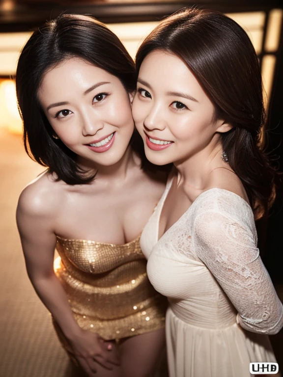 simple plain background, medium shot, a portrait of 2 Thailand harlots, wearing low cut sheer robe, cleavage cut out, strapless sleeveless, C-cup breasts, smiling
