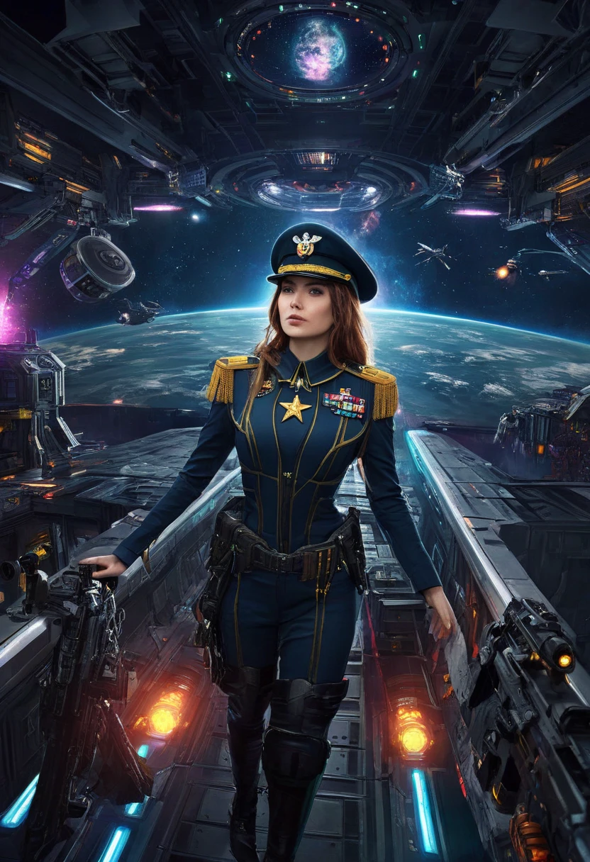 High resolution, highest quality, illustrations, super detail, a female host in military uniform is standing in front of the speech stage, behind an oversized electronic screen, soft spotlights, a group of people