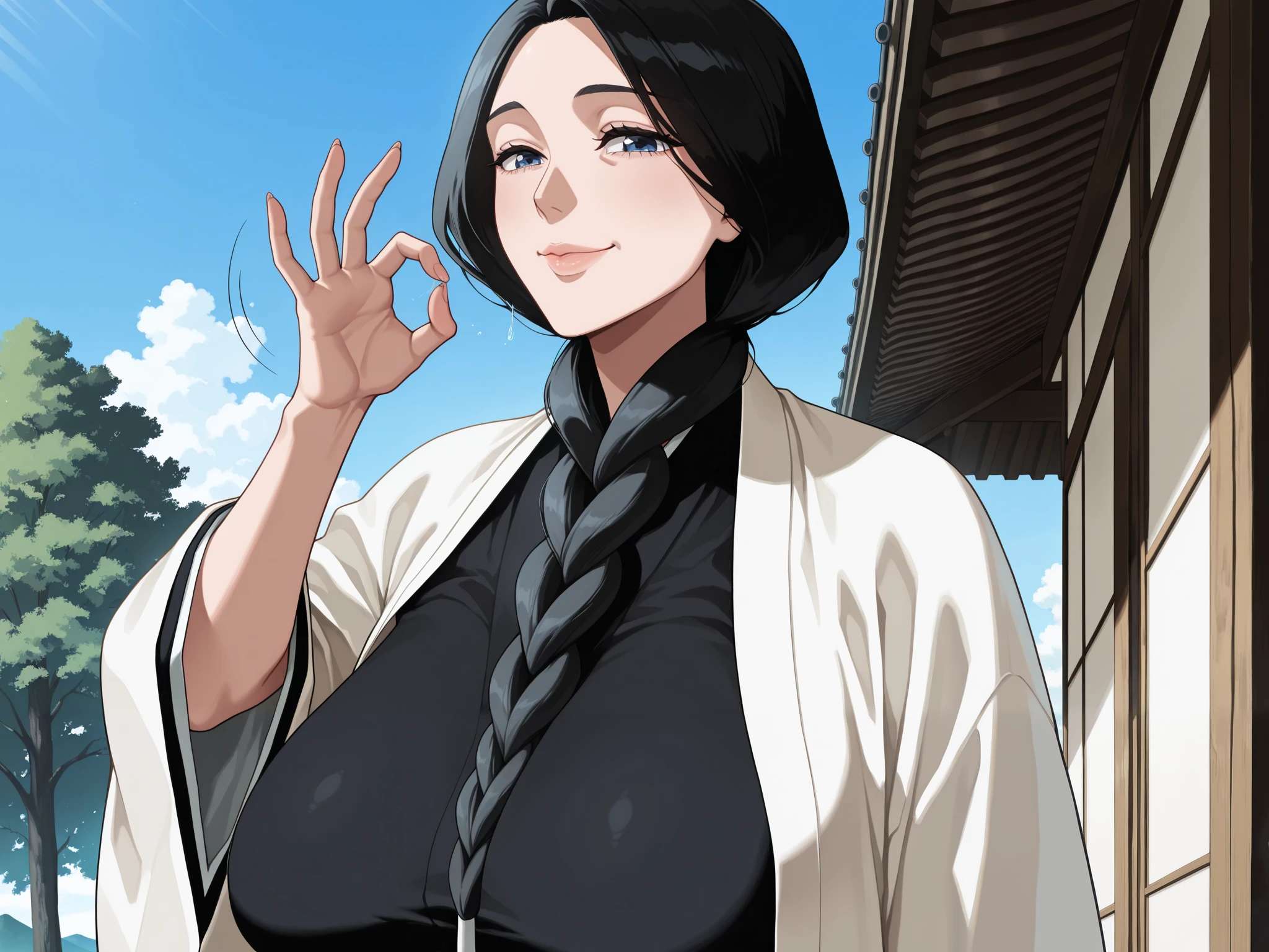 masterpiece,best quality, amazing quality, very aesthetic,anime screencap ,1girl, solo, run0hana, black hair, single braid, dark blue eyes, huge breasts, white haori, wide sleeves, black kimono, obi, black hakama, looking at viewer,mature female, old woman,(sagging breasts), smile, blue sky, tree, east asian architecture,MYLF,tear-drop shaped breasts,fellatio gesture,motion blur,motion line,blowjob face