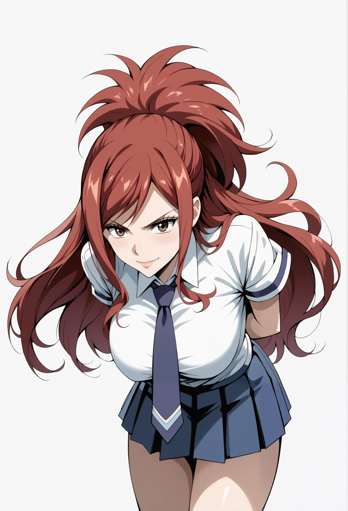 score_9, score_8_up, score_7_up, source_anime, 4K,perfect fingers,(perfect hands, perfect anatomy),prefect lighting, very aesthetic, intricate details,highly detailed background, masterpiece, high quality, best quality,
1 girl,solo,erza knightwalker, red hair, brown eyes, long hair, straight hair,mature female,large breast,,
wearing ((necktie,school uniform, skirt, )),,
((White plain background:1.5)) , evil smirk, Standing, ((arms behind back:1.5)), looking at viewers, ((front look:1,5)), ((leaning forward:1.5)),