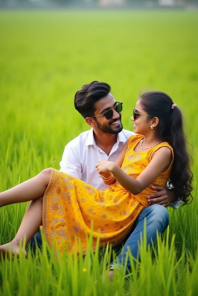 Cute indian boy is the girl front chest of a 16 year indian old girl from both wearing sunglasses, are playfully in a plants fiel paddy plants. The women, dressed in a vibrant yellow dress with intricate patterns, is lying on the man's lap while joyfully kicking one leg in the air, the wearing a white shirt and casually cuffed jeans, is smilling down at her as she holds her leg. The background reveals an expamsive field under plants fields, 34k ultra quality hd image sexy