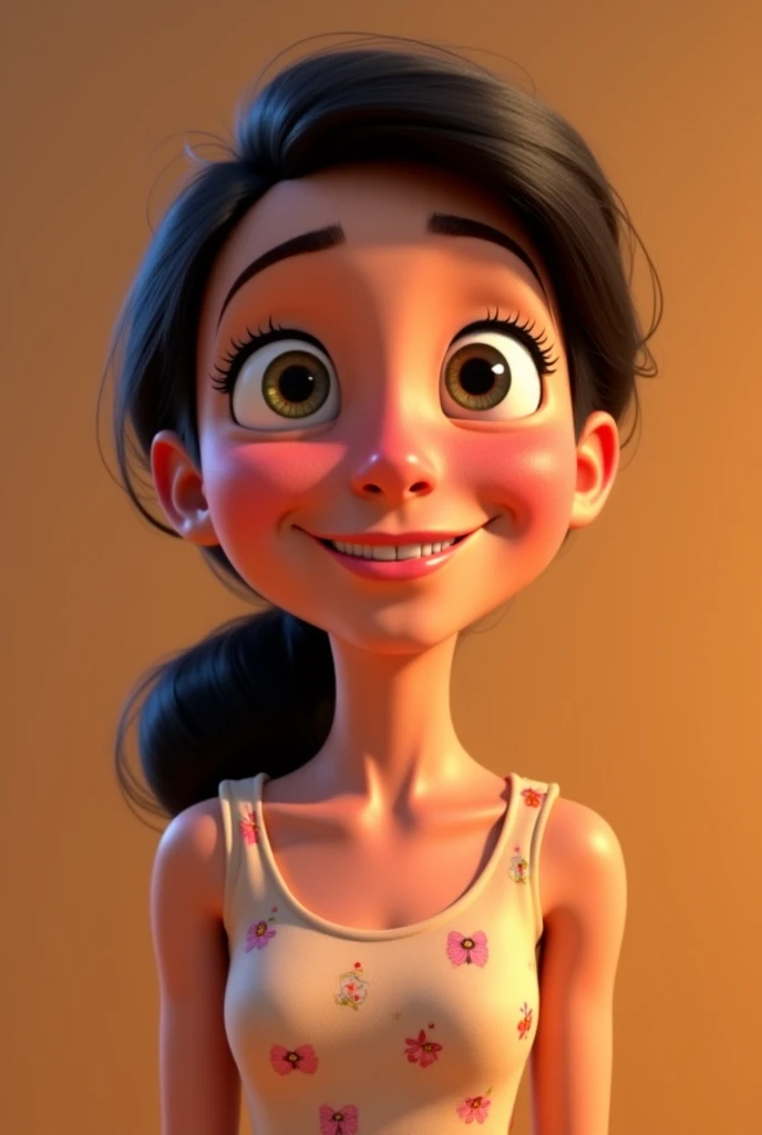 A young 14 year old girl, black hair, straight, sweet and happy as standard, 3D Pixar style, (high quality, 4k, 8k, high resolution, high resolution: 1.2), ultradetail, (realistic, photorealistic, photorealistic: 1.37), portraits, bright cores, studio lighting